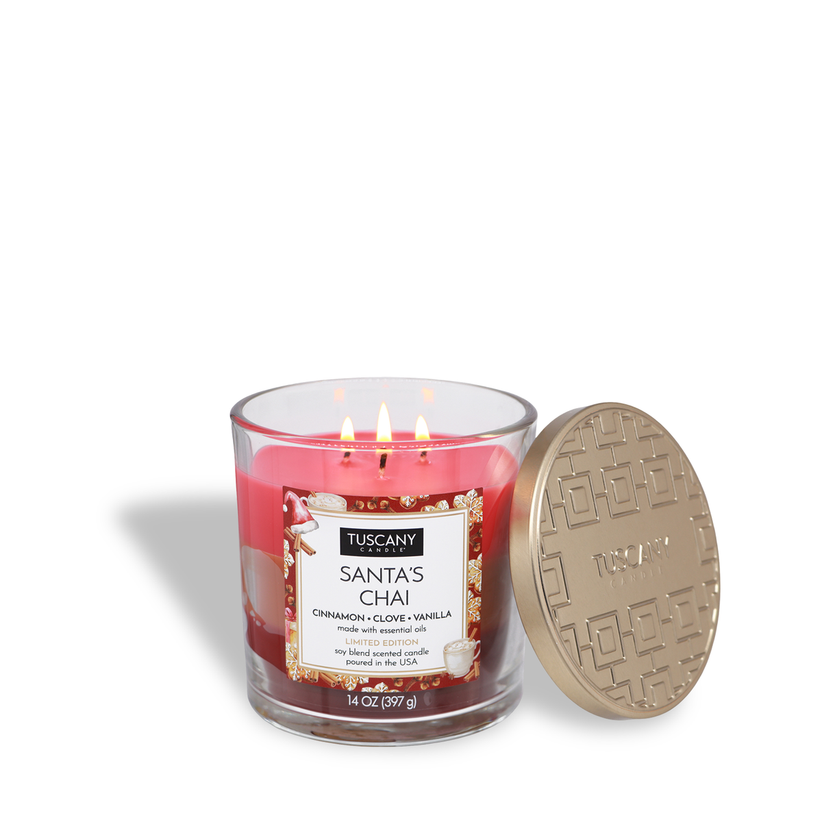 A three-wick red Tuscany Candle® SEASONAL Santa’s Chai: Cinnamon & Clove Scented Holiday Candle (14 oz) in a glass jar with a gold embossed lid.