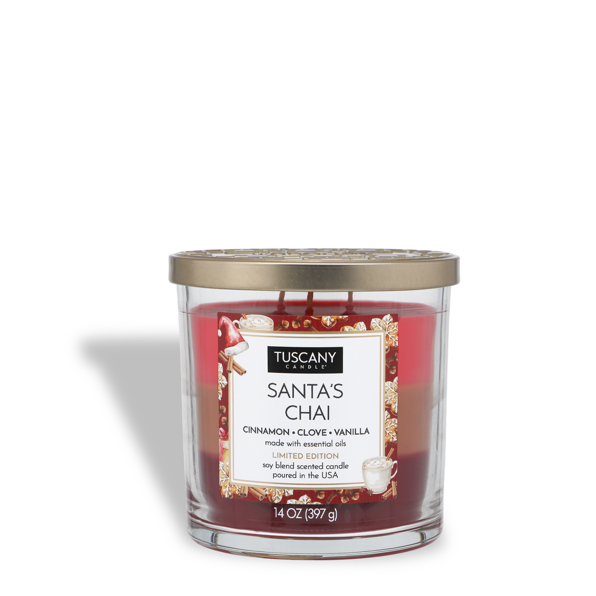 Tuscany Candle® SEASONAL Santa’s Chai: Cinnamon & Clove Scented Holiday Candle (14 oz) in a clear glass jar with a gold lid and three wicks, featuring a label with holiday imagery.