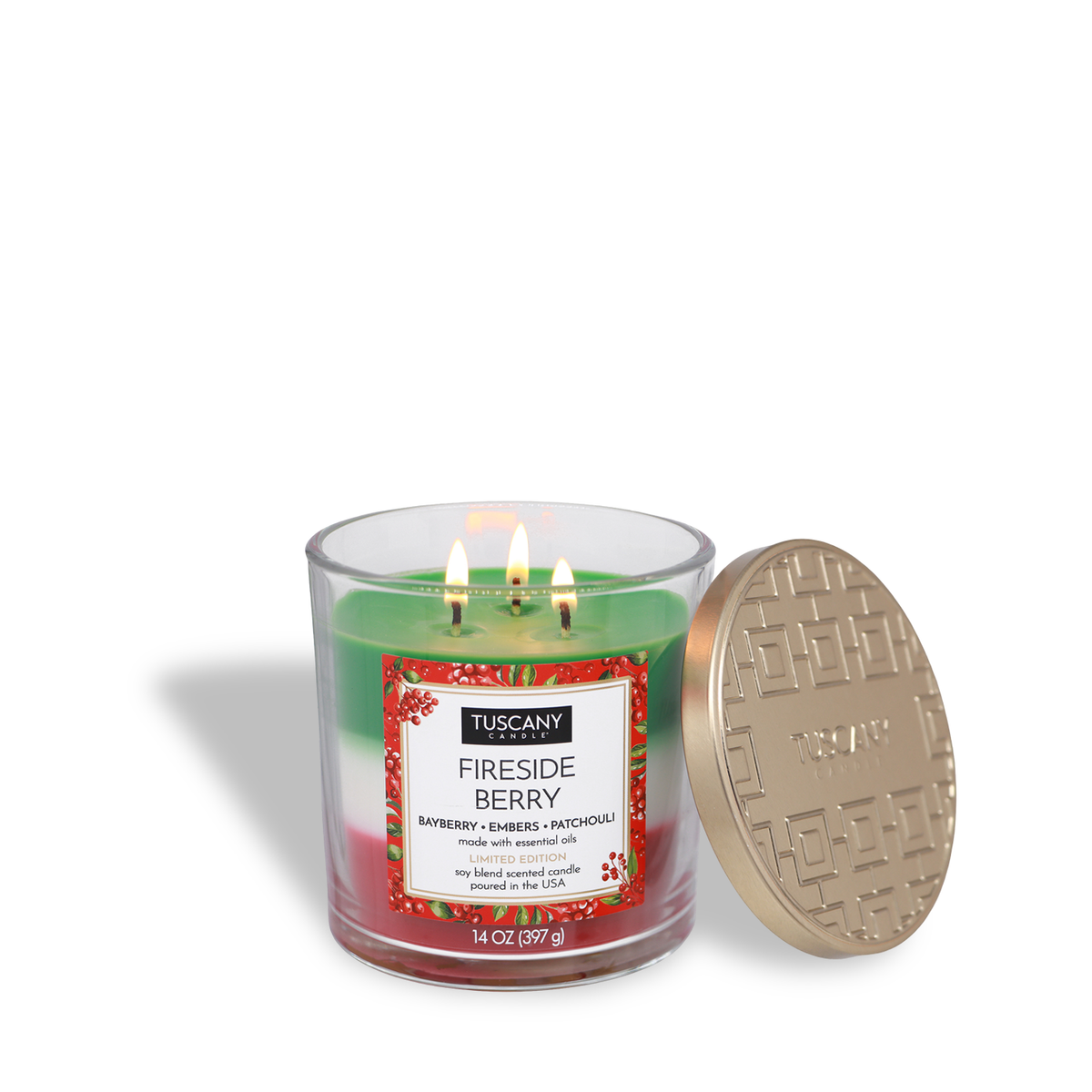 Tuscany Candle® SEASONAL Fireside Berry: Bayberry & Embers Scented Holiday Candle (14 oz) in a glass jar with green, white, and red wax layers and a gold-colored lid leaning against the side.