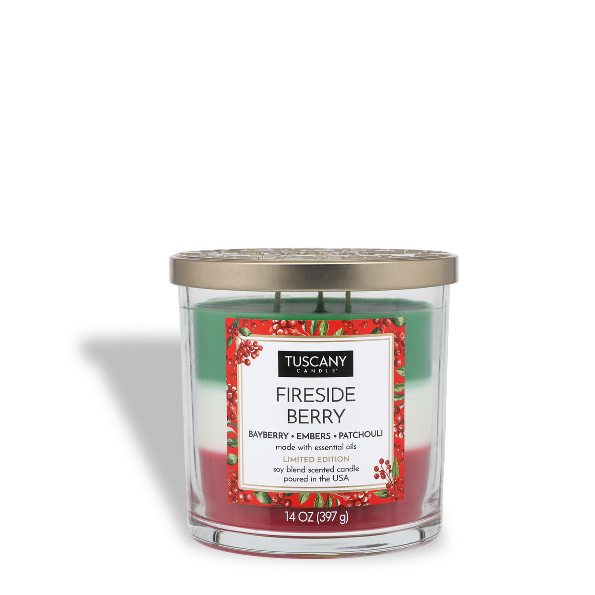 A three-wick Fireside Berry: Bayberry & Embers Scented Holiday Candle (14 oz) in a clear glass jar with layered green, white, and red wax, featuring a label decorated with red berries.