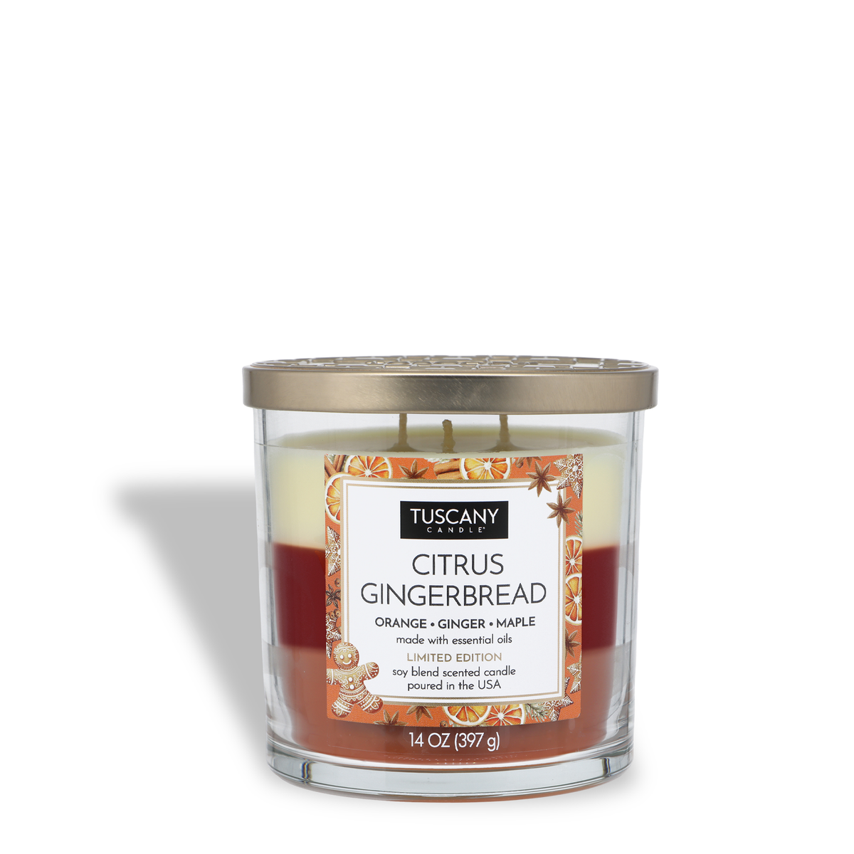 Tuscany Candle® SEASONAL Citrus Gingerbread: Orange & Ginger Scented Holiday Candle (14 oz) in a clear glass jar with three wicks and a label featuring citrus slices, star anise, and a gingerbread man.