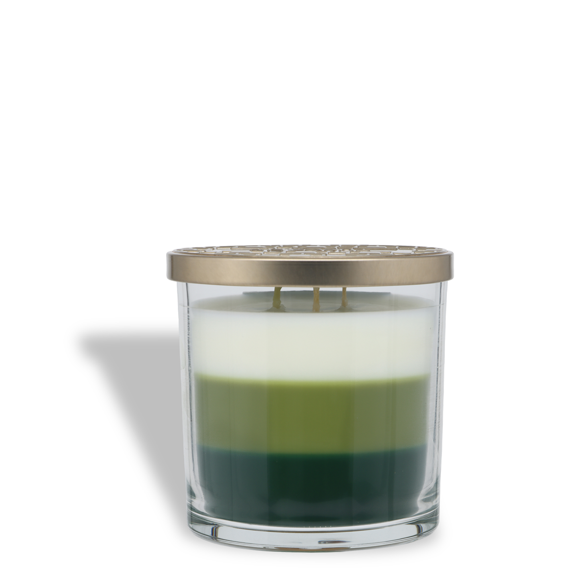 Midnight Evergreen: Bergamot & Rose Scented Holiday Candle (14 oz) in a three-wick glass jar with layered white, light green, and dark green wax and a metallic lid.