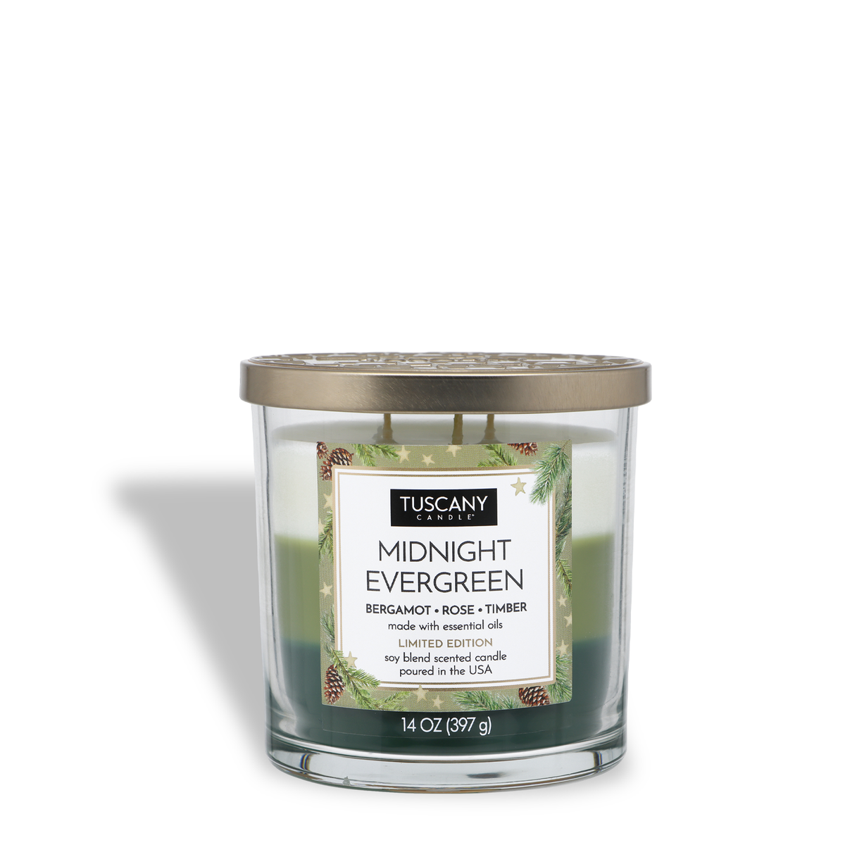 Tuscany Candle® SEASONAL Midnight Evergreen: Bergamot & Rose Scented Holiday Candle in a clear glass jar with a gold lid, featuring a holiday-themed label with pine branch and pinecone illustrations.