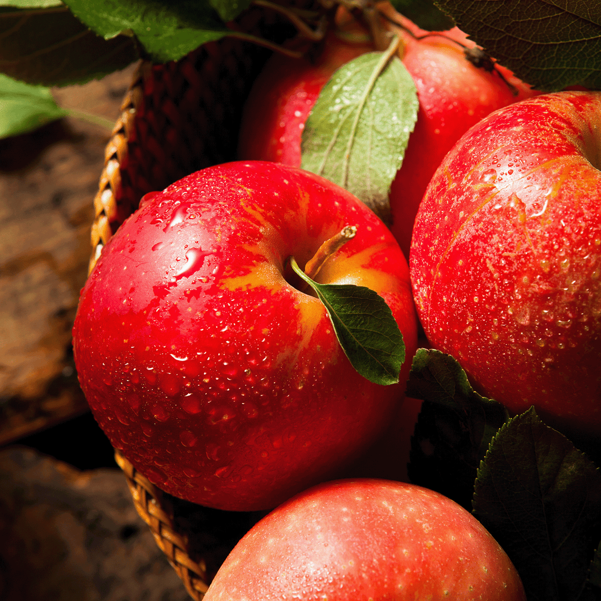 A wicker basket filled with fresh, dew-covered red apples and green leaves next to a Merry & Bright: Spiced Apple Spritzer Scented Holiday Candle (18 oz) by Tuscany Candle® SEASONAL.