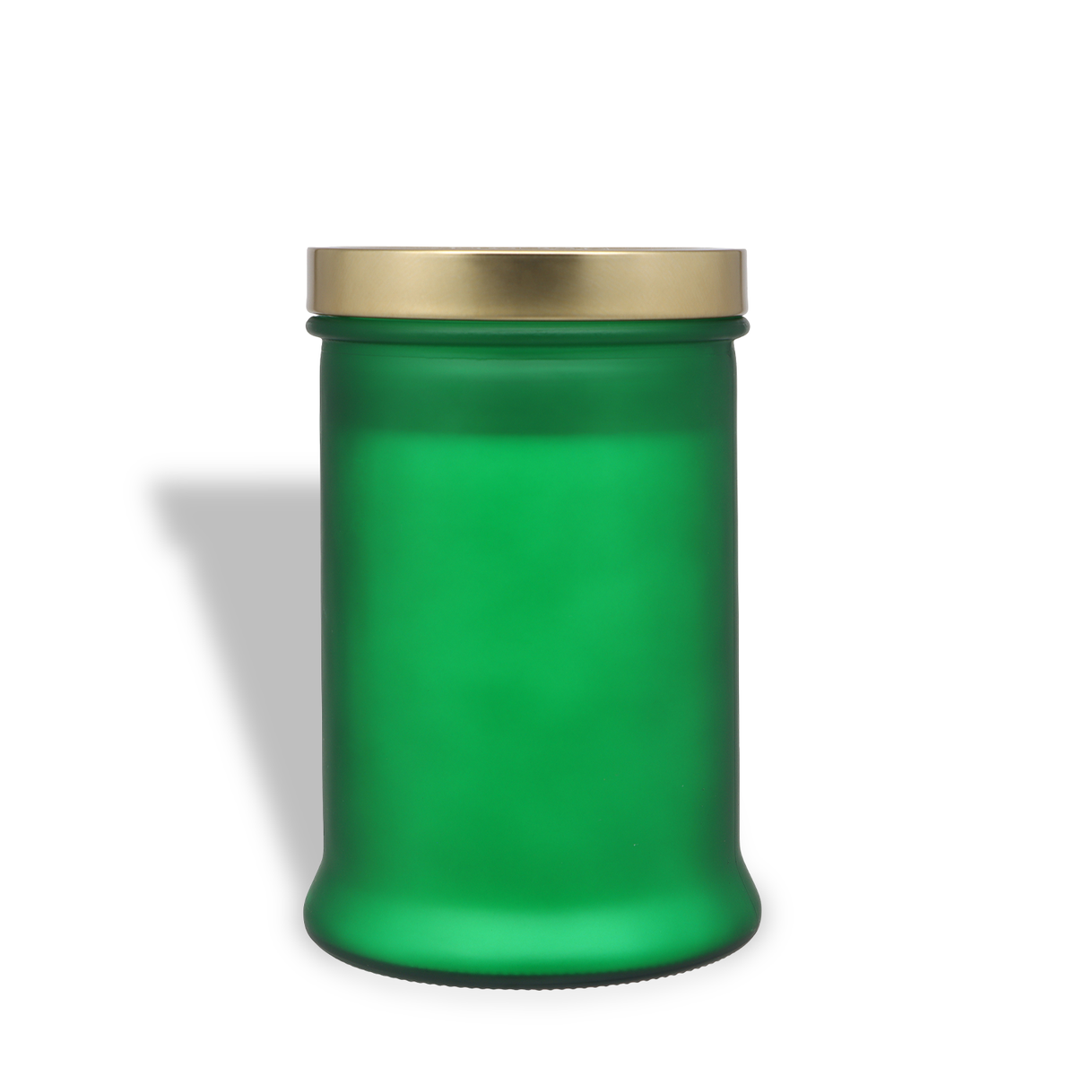 First Frost: Jasmine & Cedar Scented Holiday Candle in a green frosted glass jar with a metallic gold lid.