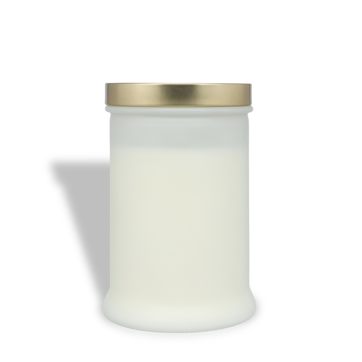 Santa’s Bakeshop: Almond & Vanilla Scented Holiday Candle (18 oz) in a white frosted glass jar with a gold lid.