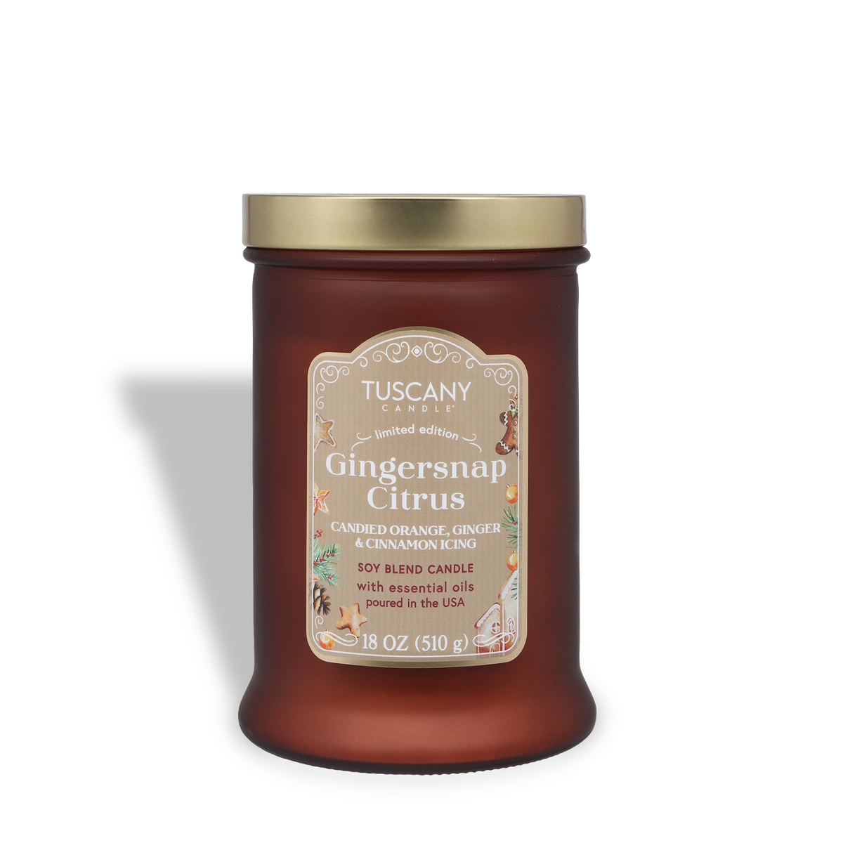 Tuscany Candle® SEASONAL Gingersnap Citrus: Candied Orange & Cinnamon Scented Holiday Candle (18 oz) in a frosted amber glass jar with a gold lid.
