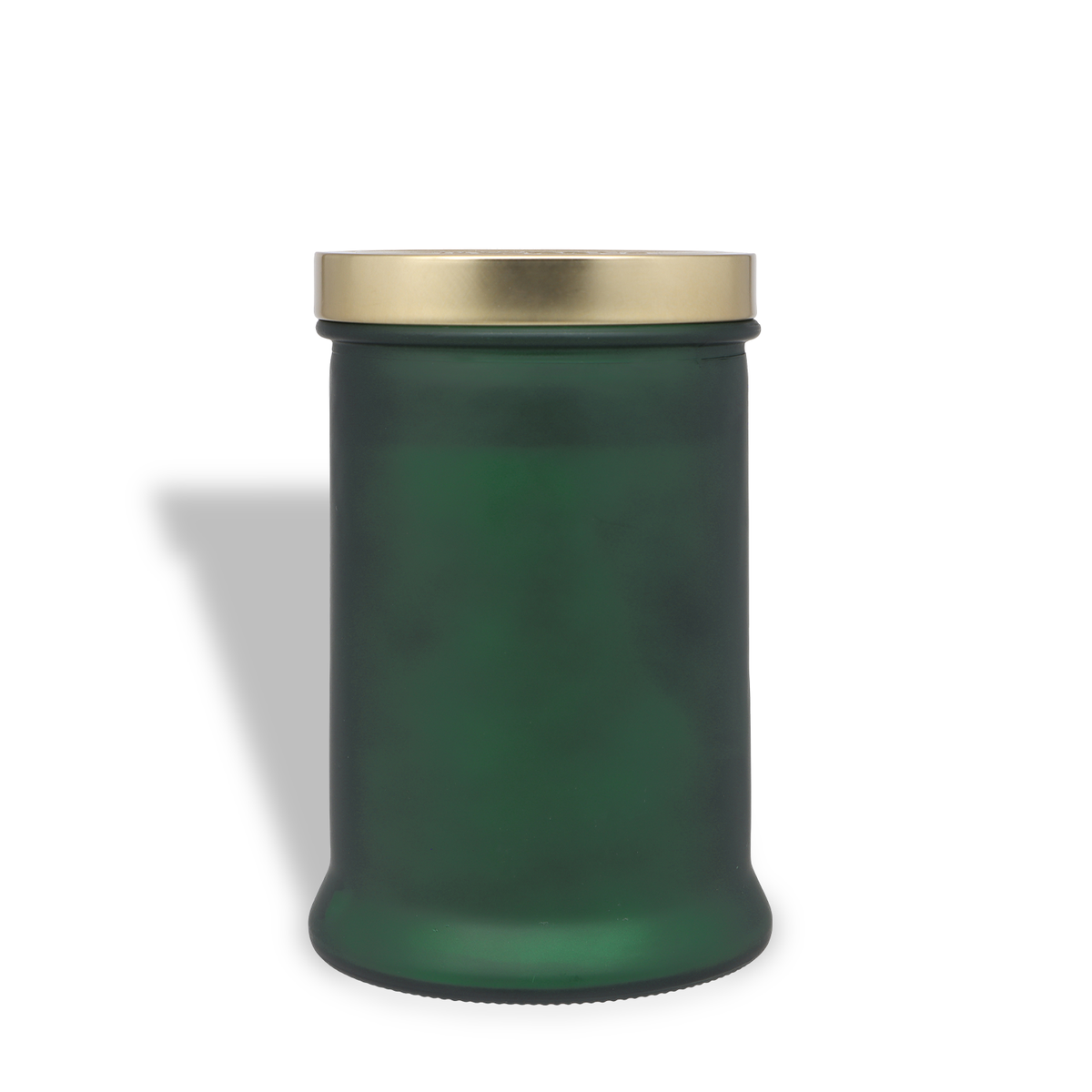 A cylindrical green frosted glass Woodland Path®: Cedar & Pine Scented Holiday Candle (18 oz) with a metallic gold lid.