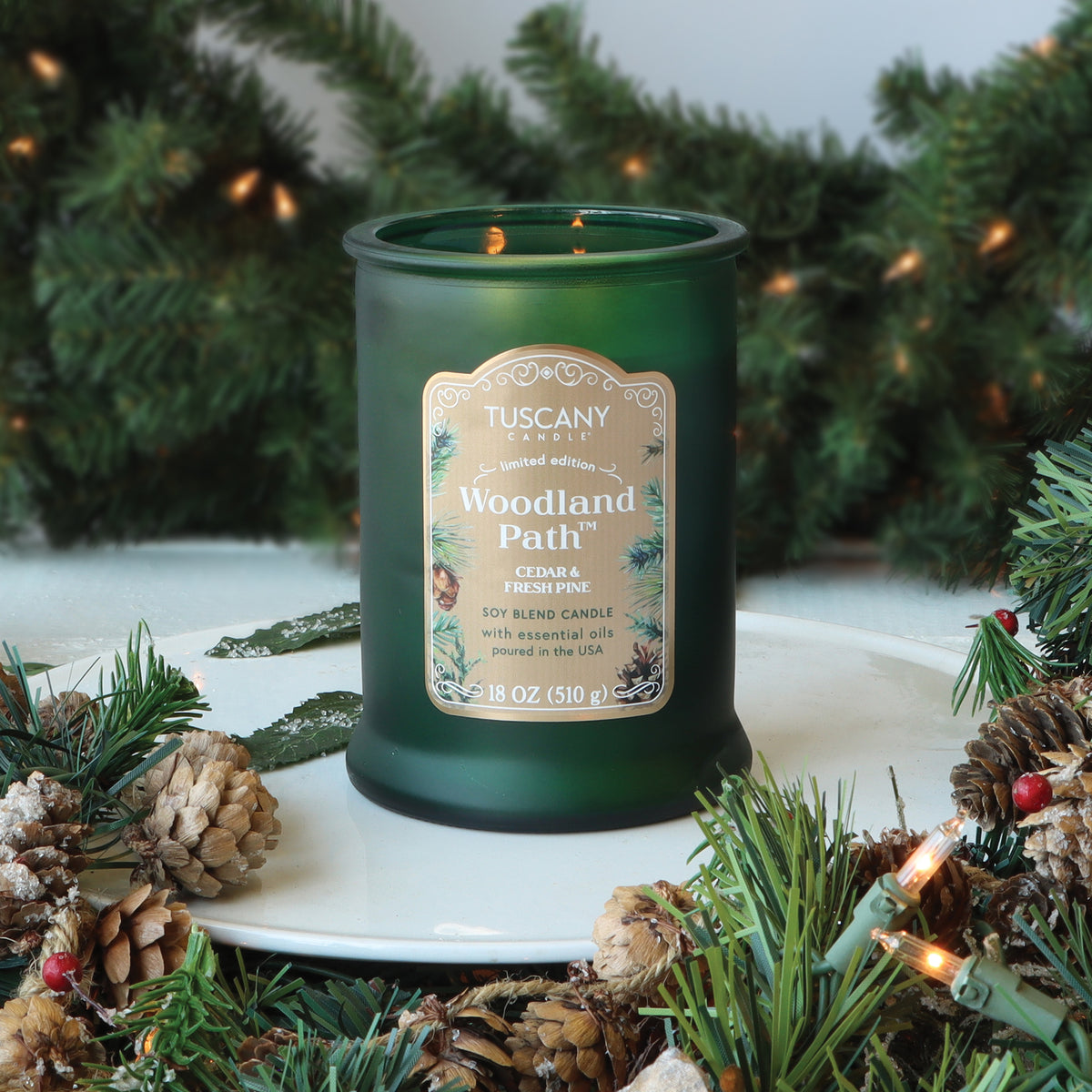 A green Woodland Path®: Cedar & Pine Scented Holiday Candle (18 oz) sits on a white plate surrounded by pine boughs, pinecones, and string lights.