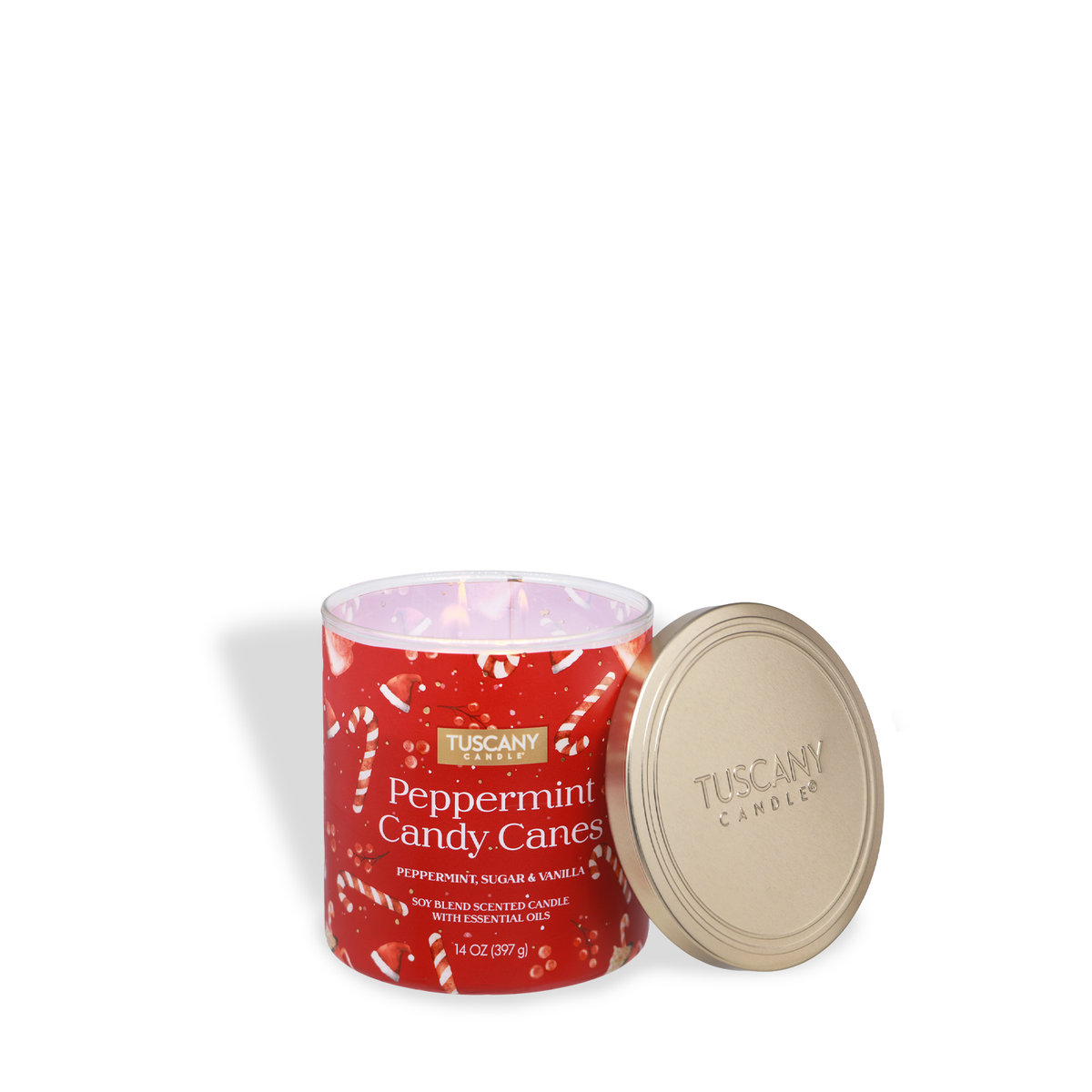 A red, holiday-themed Peppermint Candy Canes: Sugar & Vanilla Scented Holiday Candle (14 oz) in a glass jar with two lit wicks and a matching gold lid resting beside it.