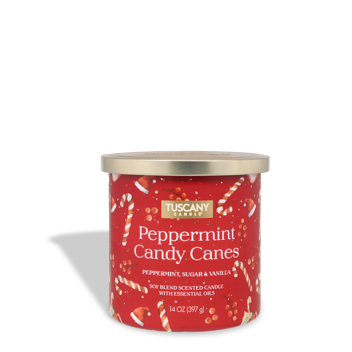 Peppermint Candy Canes: Sugar & Vanilla Scented Holiday Candle (14 oz) in a red jar with a gold lid, decorated with candy cane and Santa hat illustrations.