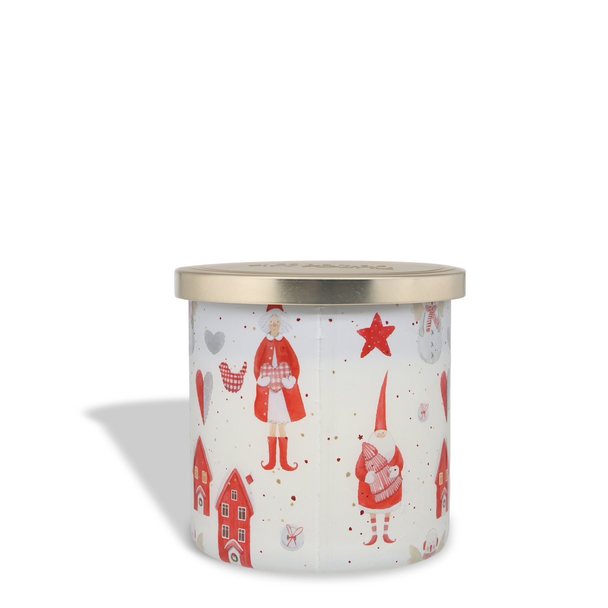 Tuscany Candle® SEASONAL Cinnamon Pinecones: Cinnamon & Musk Scented Holiday Candle (14 oz) in a jar with a gold lid, decorated with a festive pattern of holiday characters, small houses, stars, and hearts.