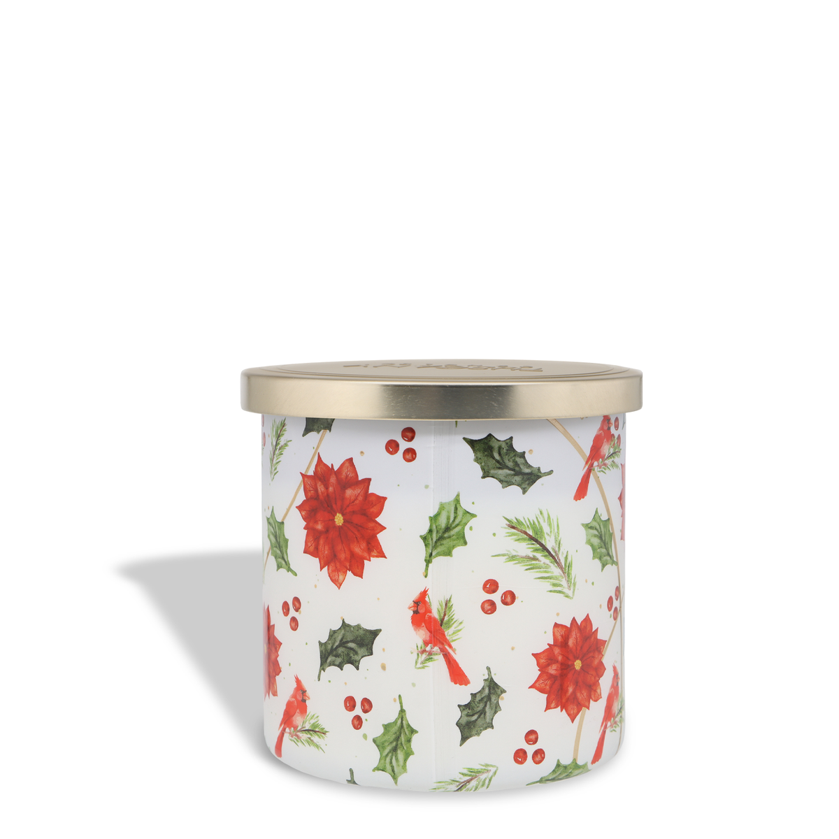 A Cranberry Shortbread: Baked Vanilla & Butter Scented Holiday Candle (14 oz) in a cylindrical jar with a metal lid, featuring a festive print of red poinsettias, cardinals, holly leaves, and berries.