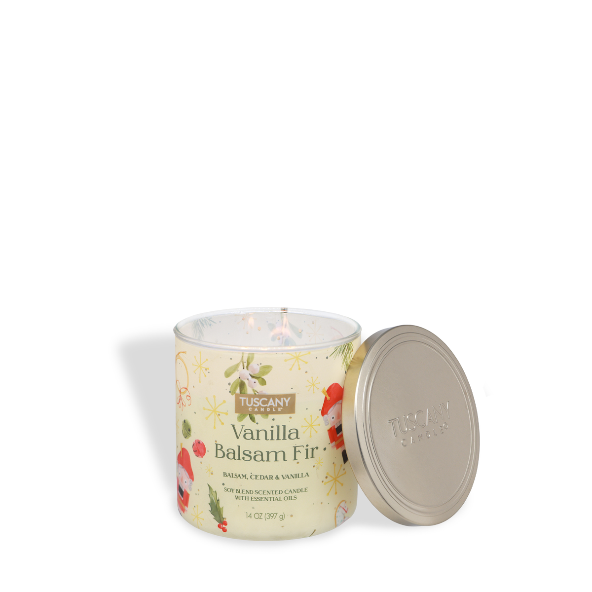 A 14-ounce Tuscany Candle® SEASONAL Vanilla Balsam Fir: Cedar & Vanilla Scented Holiday Candle in a glass jar with a metal lid, featuring a pattern of nutcrackers, holly, and stars.