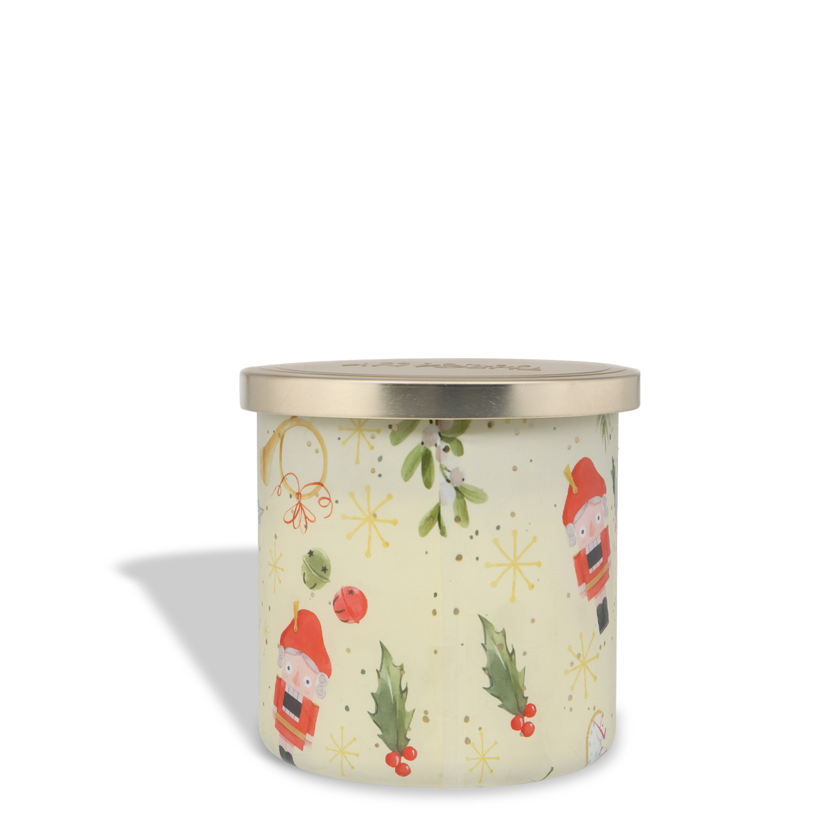 Vanilla Balsam Fir: Cedar & Vanilla Scented Holiday Candle (14 oz) in a cream-colored jar with a metal lid, featuring a pattern of nutcrackers, holly, and holiday ornaments.