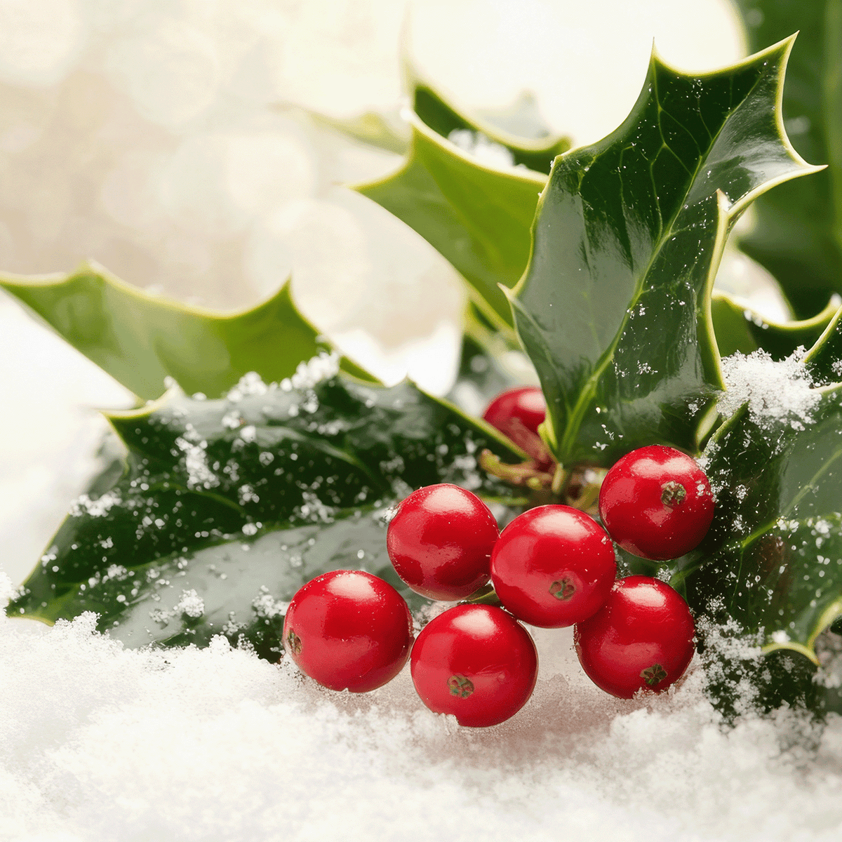 A sprig of holly with shiny green leaves and red berries rests in snow next to a Vanilla Balsam Fir: Cedar & Vanilla Scented Holiday Candle (14 oz) by Tuscany Candle® SEASONAL.