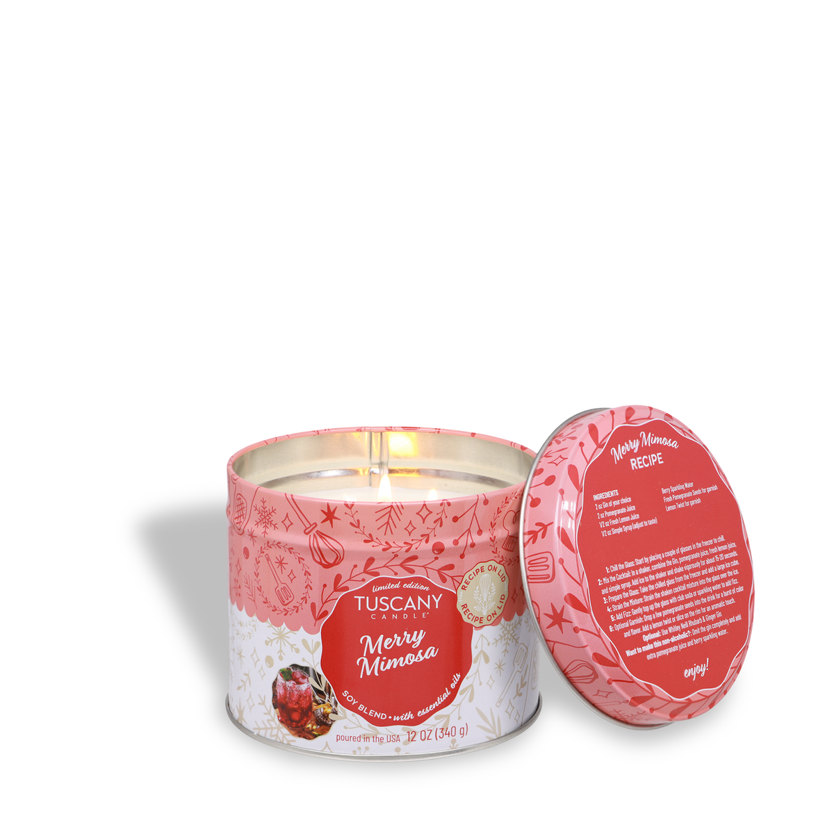 A Merry Mimosa: Pomegranate & Rhubarb Scented Holiday Candle (12 oz) in a pink tin with a cocktail recipe printed on the lid.