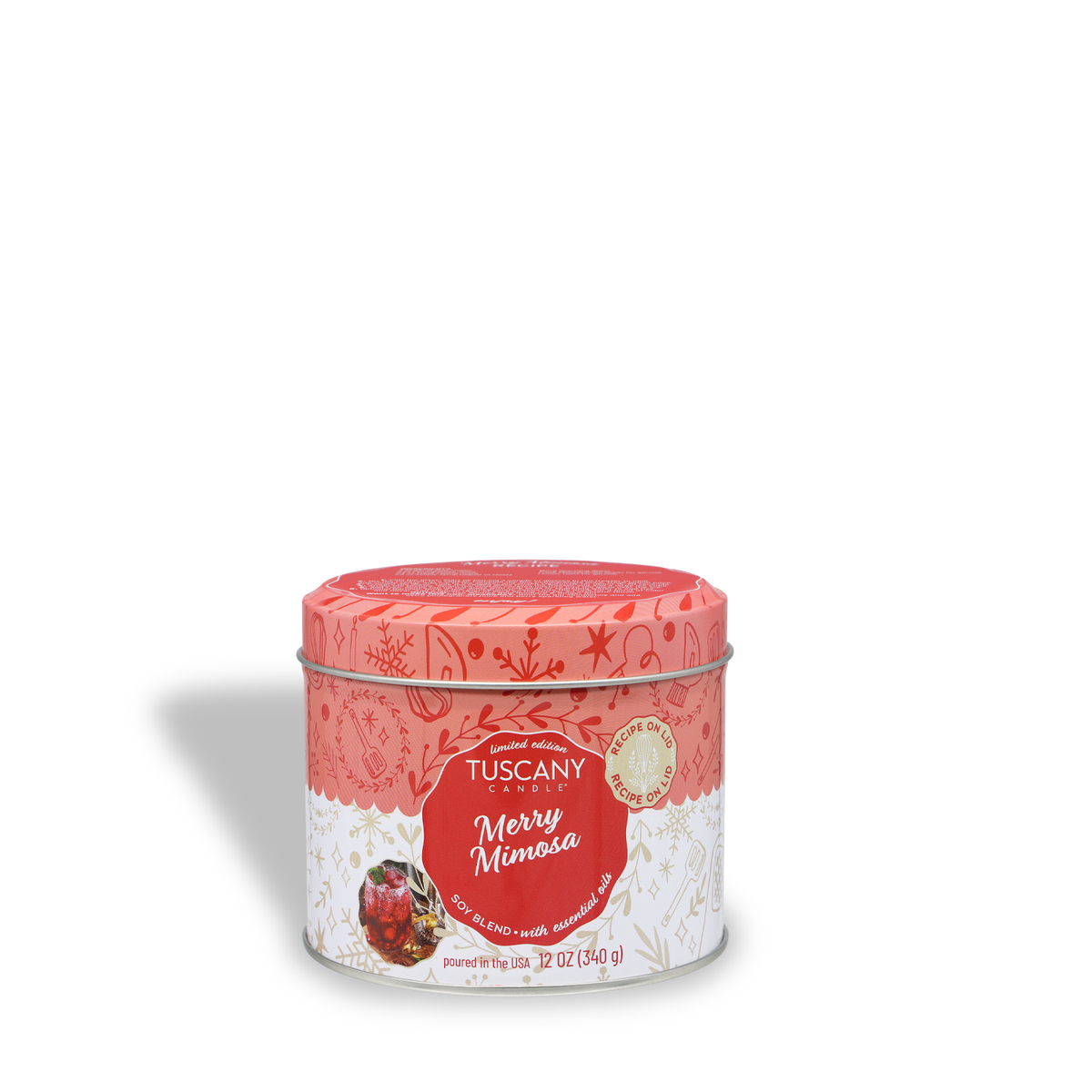 Merry Mimosa: Pomegranate & Rhubarb Scented Holiday Candle (12 oz) in a pink decorative tin with a lid.