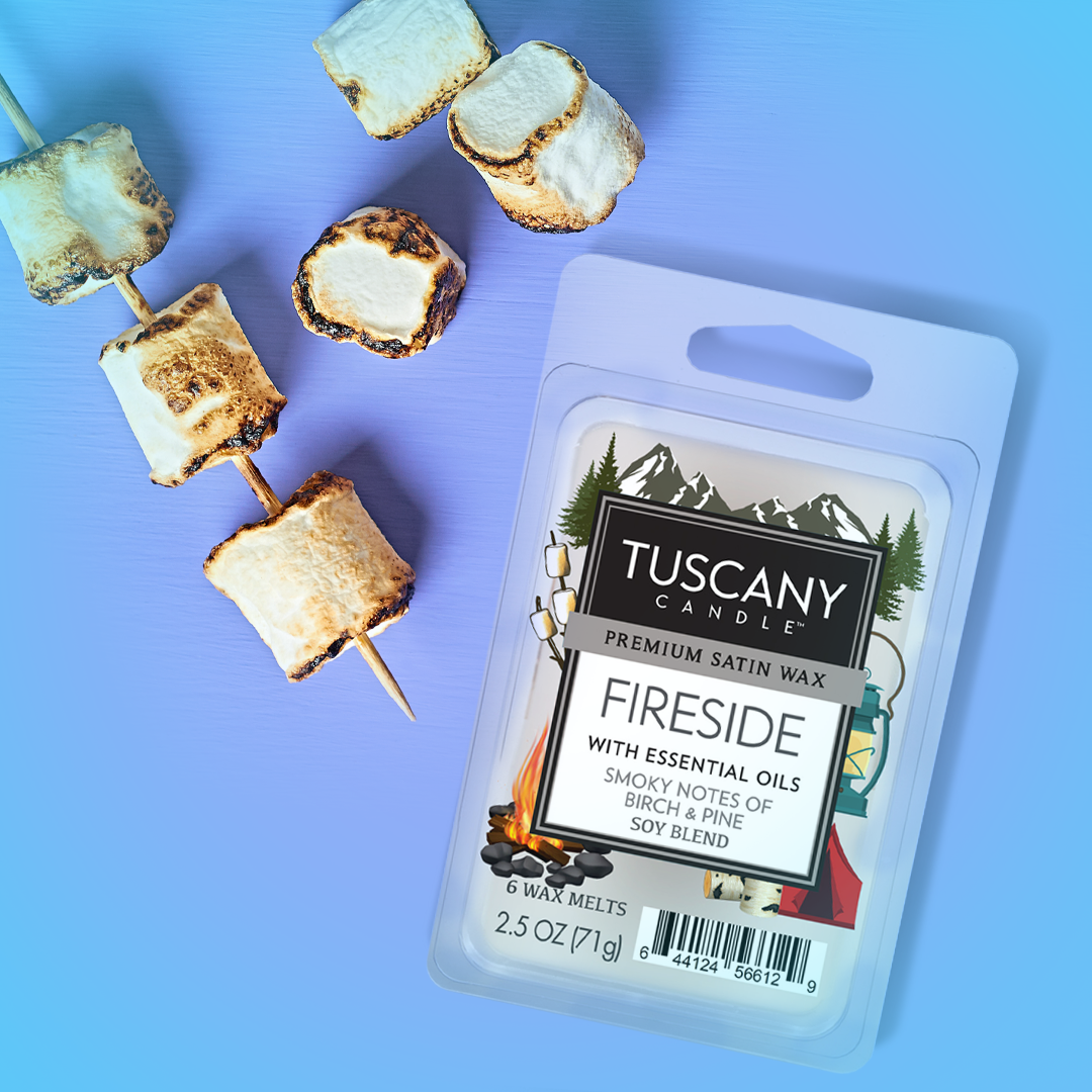 Fireside, a smoky wax melt, is shown with toasted marshmallows