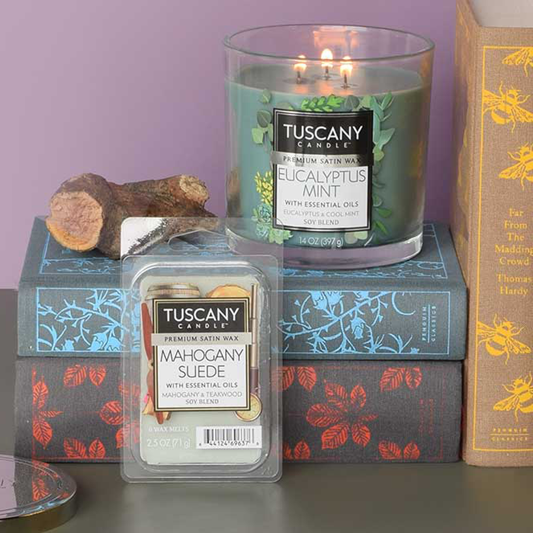 A still life of scented candles and wax fragrance bars