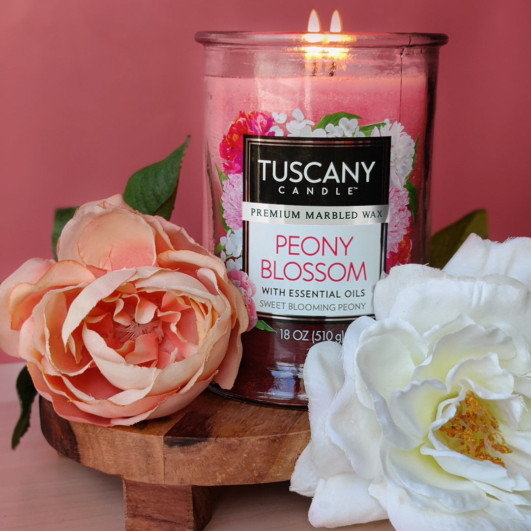 Tuscany Candle® EVD Peony Blossom Long-Lasting Scented Jar Candle (18 oz) with fragrance notes.