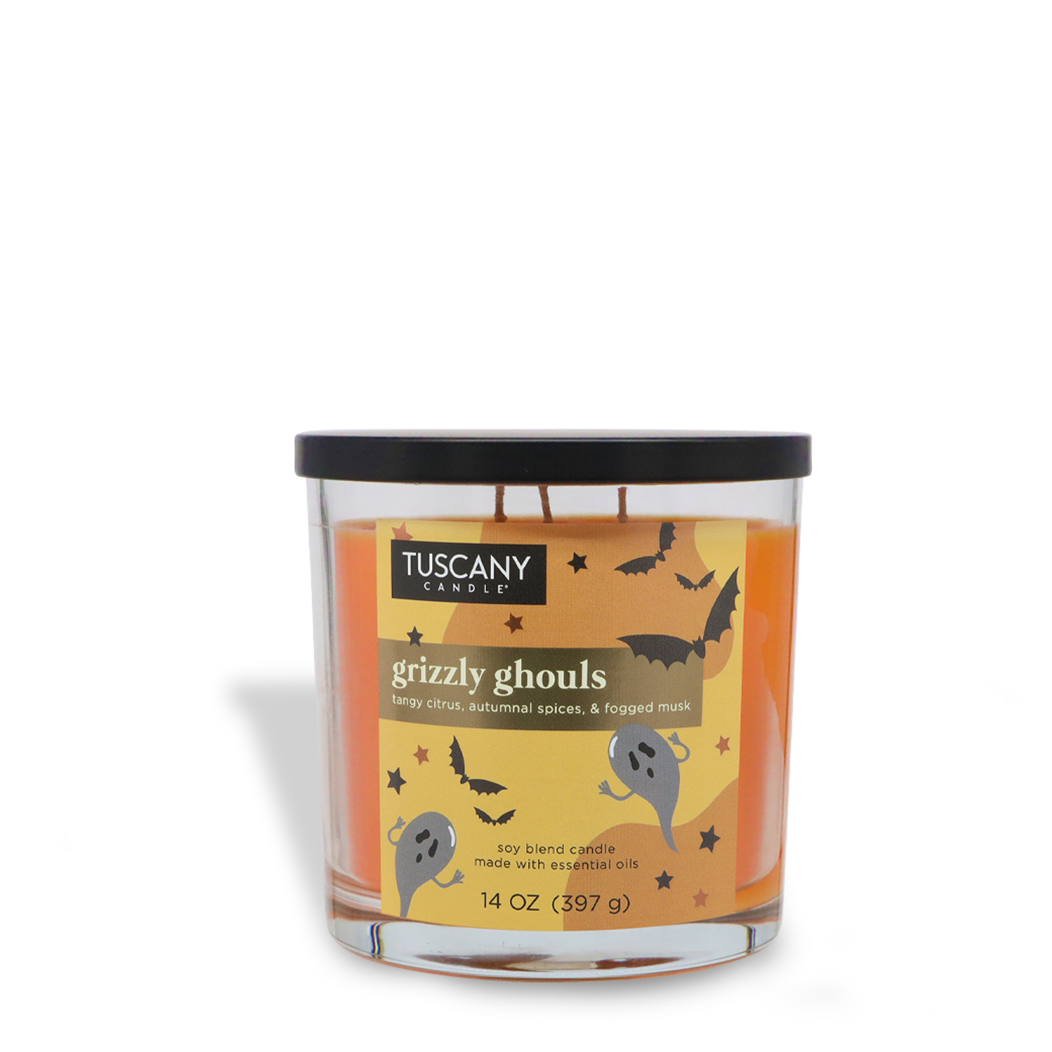 A 14 oz Tuscany Candle® SEASONAL "Grizzly Ghouls: Autumnal Spices & Fogged Musk" scented Halloween candle in a glass jar with bats, stars, and ghosts on an orange background.