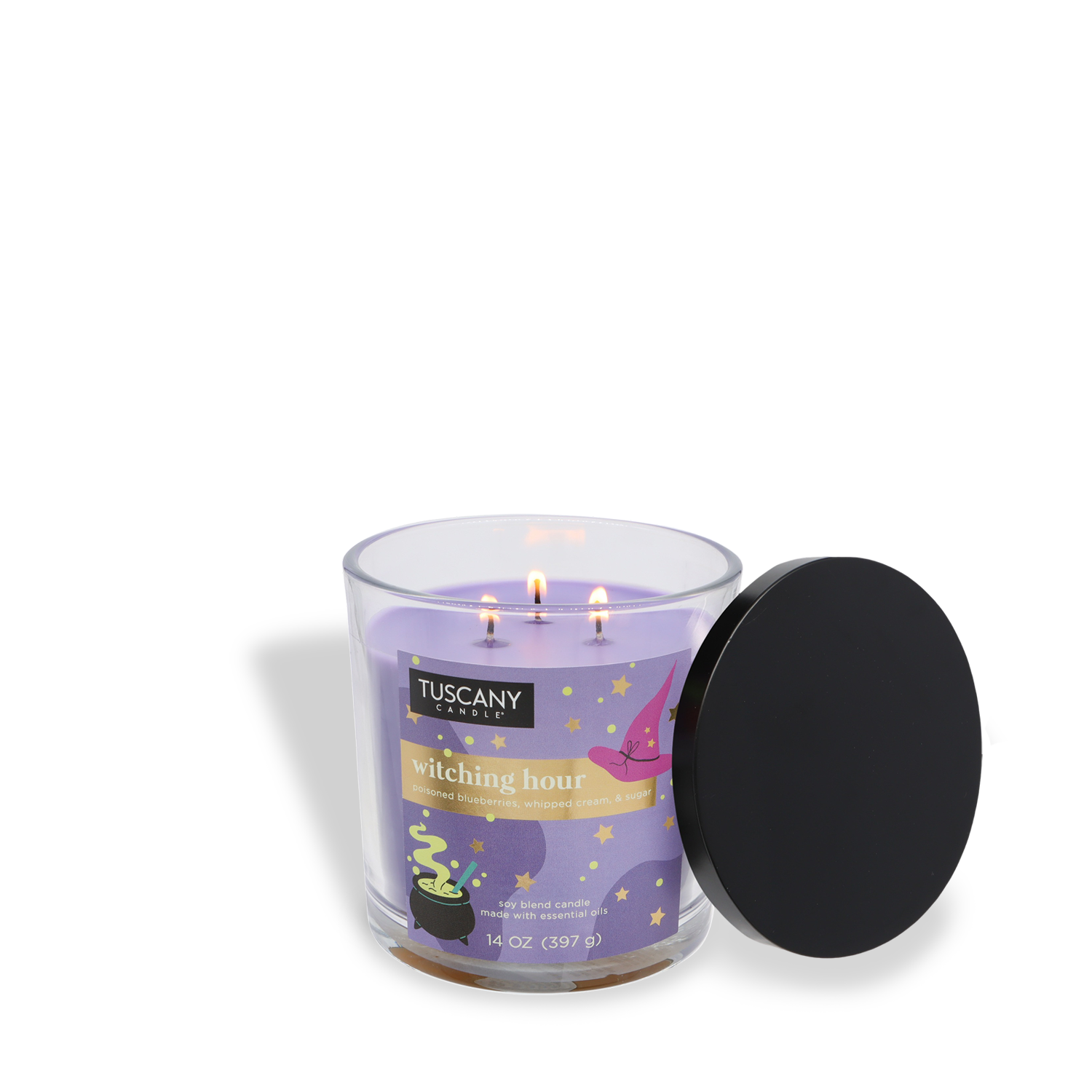 A 14 oz Tuscany Candle® SEASONAL "Witching Hour: Poisoned Blueberry & Vanilla Sugar" scented Halloween candle with three wicks comes in a clear glass jar, its black lid resting on the side.