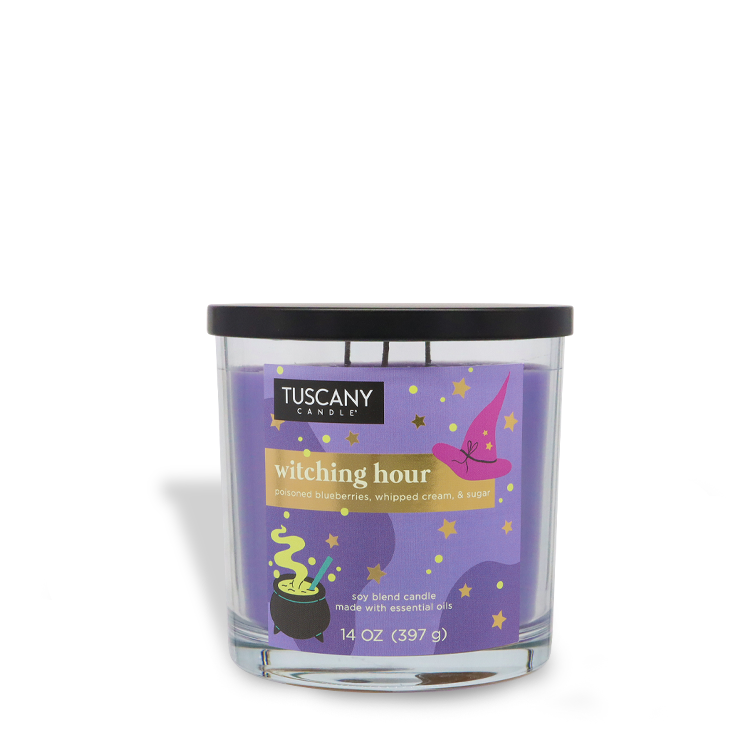 The Tuscany Candle® SEASONAL Witching Hour: Poisoned Blueberry & Vanilla Sugar Scented Halloween Candle (14 oz) features a purple design with a witch hat and cauldron. Scent notes: poisoned blueberries, whipped cream, and sugar.