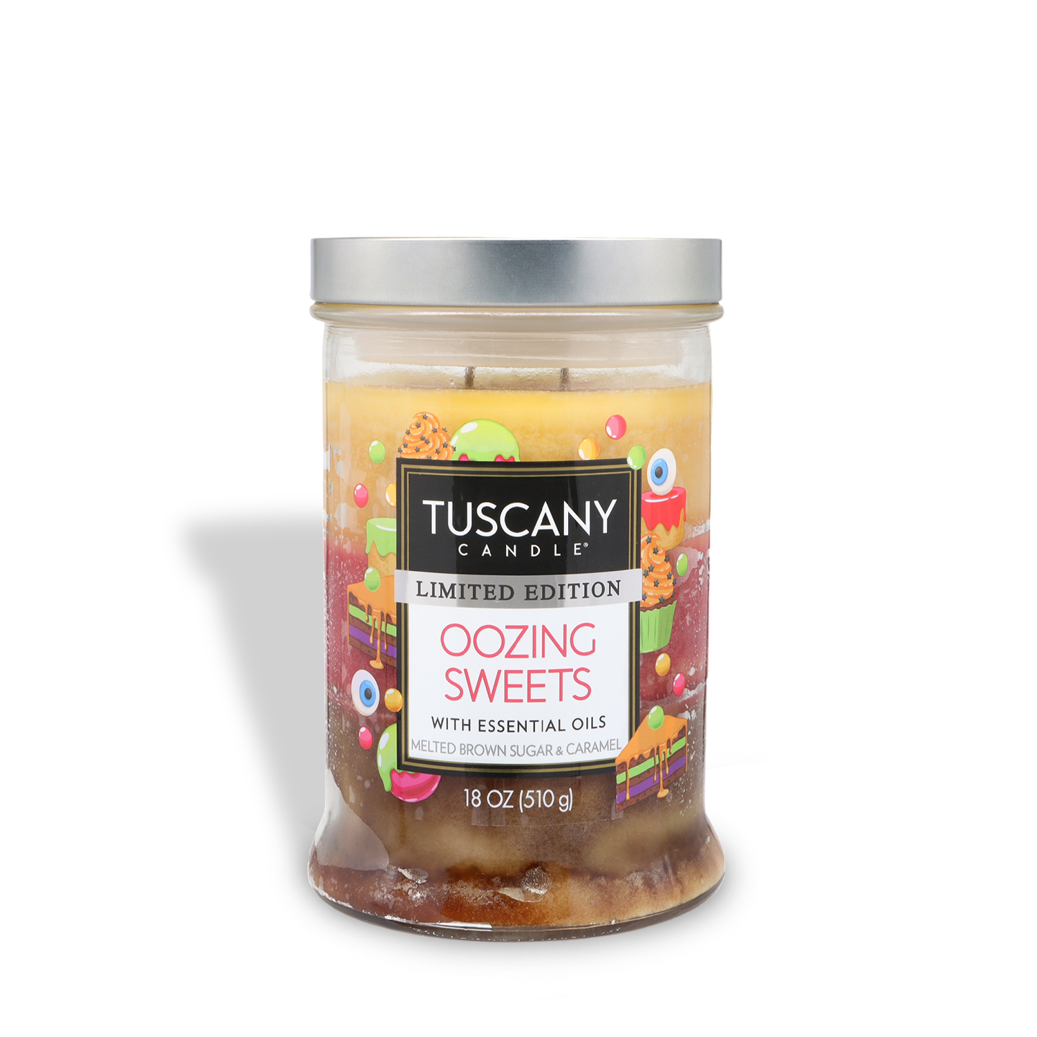 The Tuscany Candle® SEASONAL Oozing Sweets: Brown Maple Sugar & Caramel Scented Halloween Candle (18 oz) has colorful candy-themed graphics and a playful design, perfect for adding festive charm to your decor.