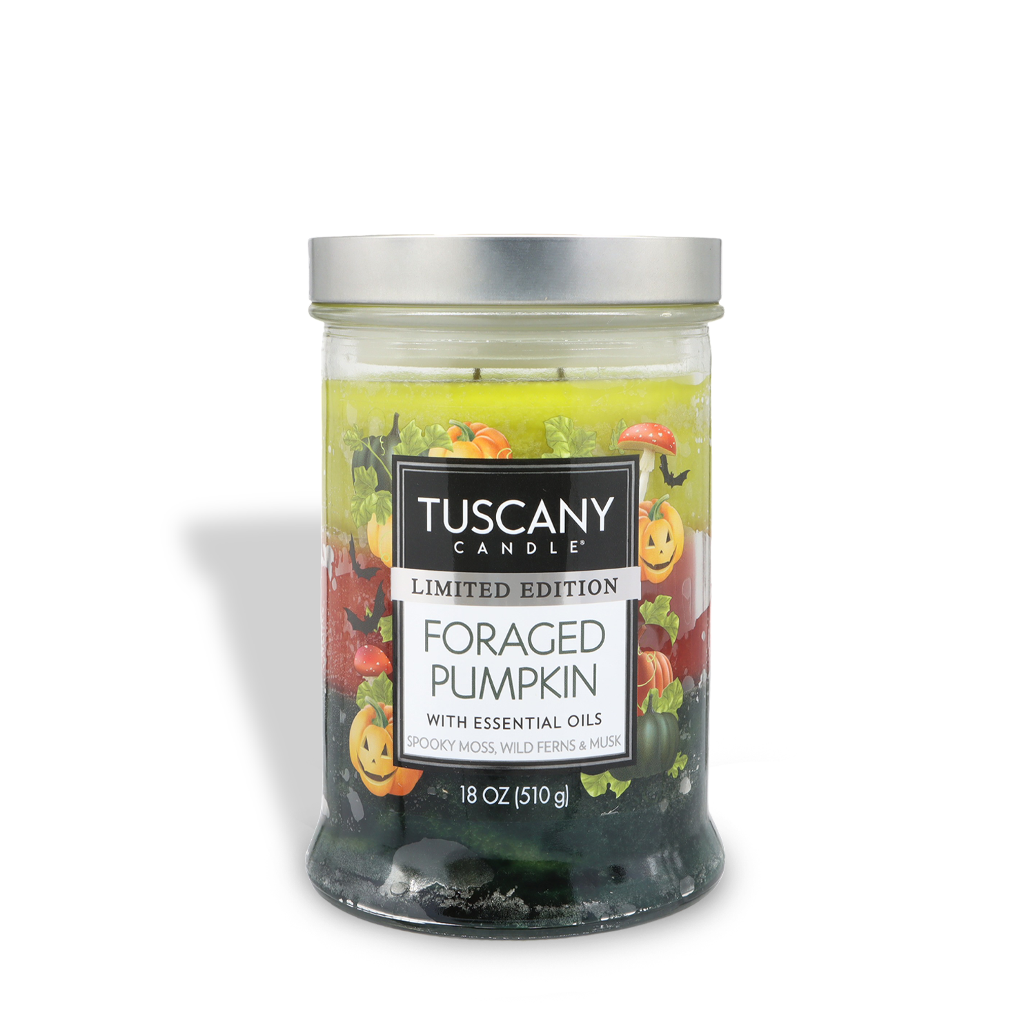 The Tuscany Candle® SEASONAL Foraged Pumpkin: Oakmoss & Dark Blooms Scented Halloween Candle (18 oz) features autumnal artwork and a silver lid—perfect for bringing festive fragrance to your home.