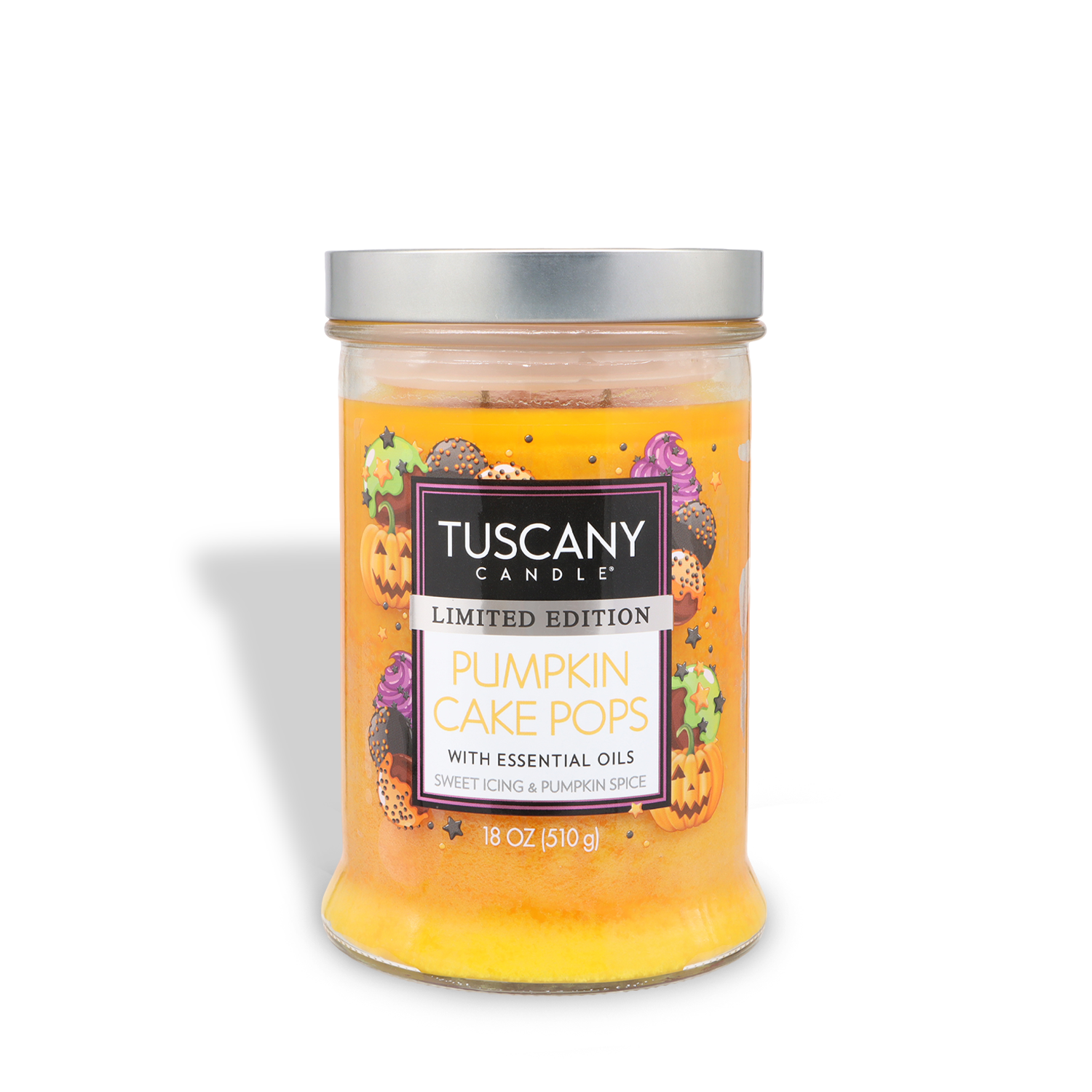 The Tuscany Candle® SEASONAL Pumpkin Cake Pops: Spice Cake & Vanilla Icing Scented Halloween Candle (18 oz) features festive pumpkin-themed decor, perfect for anyone who loves a warm pumpkin spice aroma for the season.