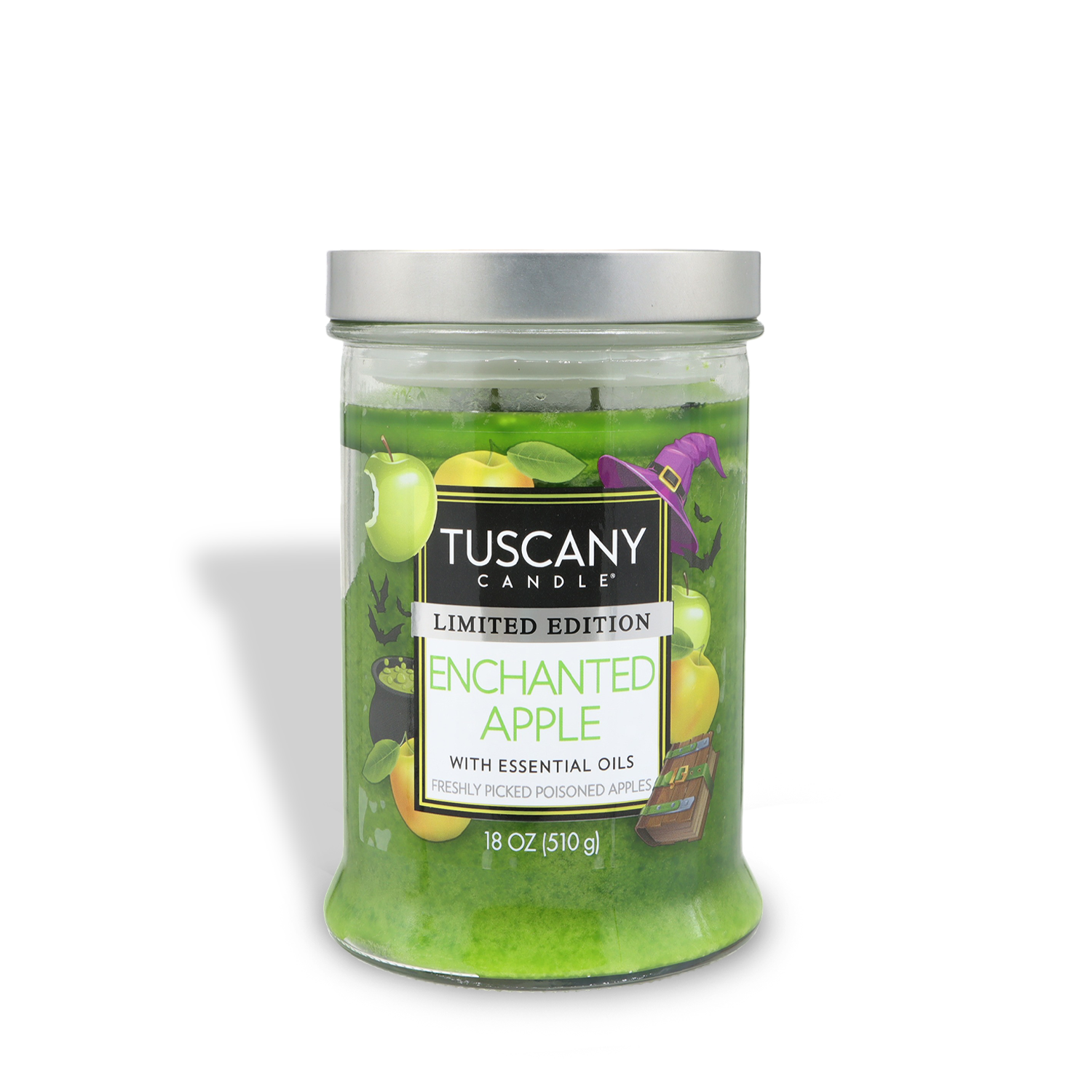 The Tuscany Candle® SEASONAL 18 oz "Enchanted Apple: Caramel & Poisoned Apple" Halloween candle features a festive jar with apples and a witch’s hat. This limited edition autumn fragrance with essential oils adds a magical seasonal touch to your home.