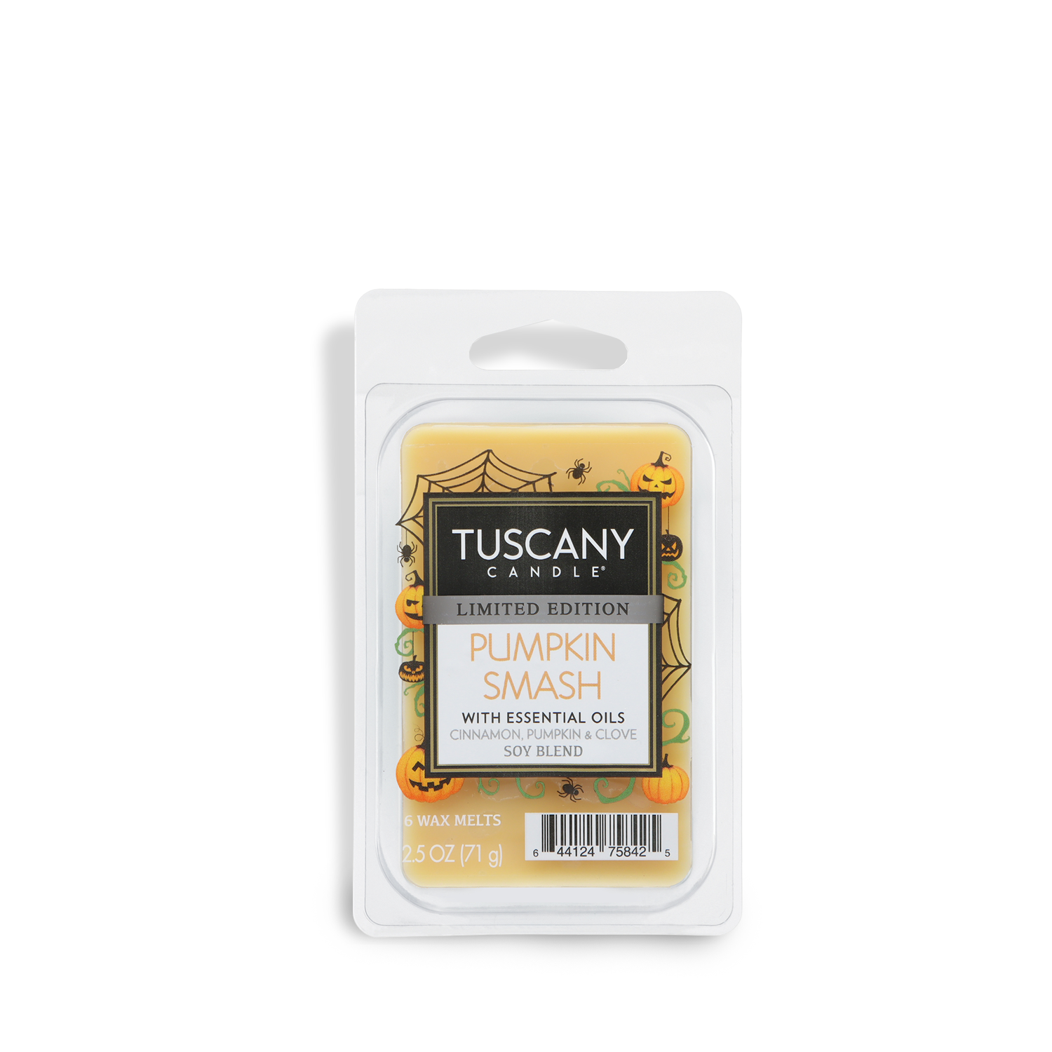 Tuscany Candle® SEASONAL Pumpkin Smash: Baked Cinnamon & Crushed Clove Scented Halloween Wax Melt (2.5 oz) features a festive pumpkin and spiderweb design—ideal for fans of cinnamon, clove, and pumpkin spice scents.