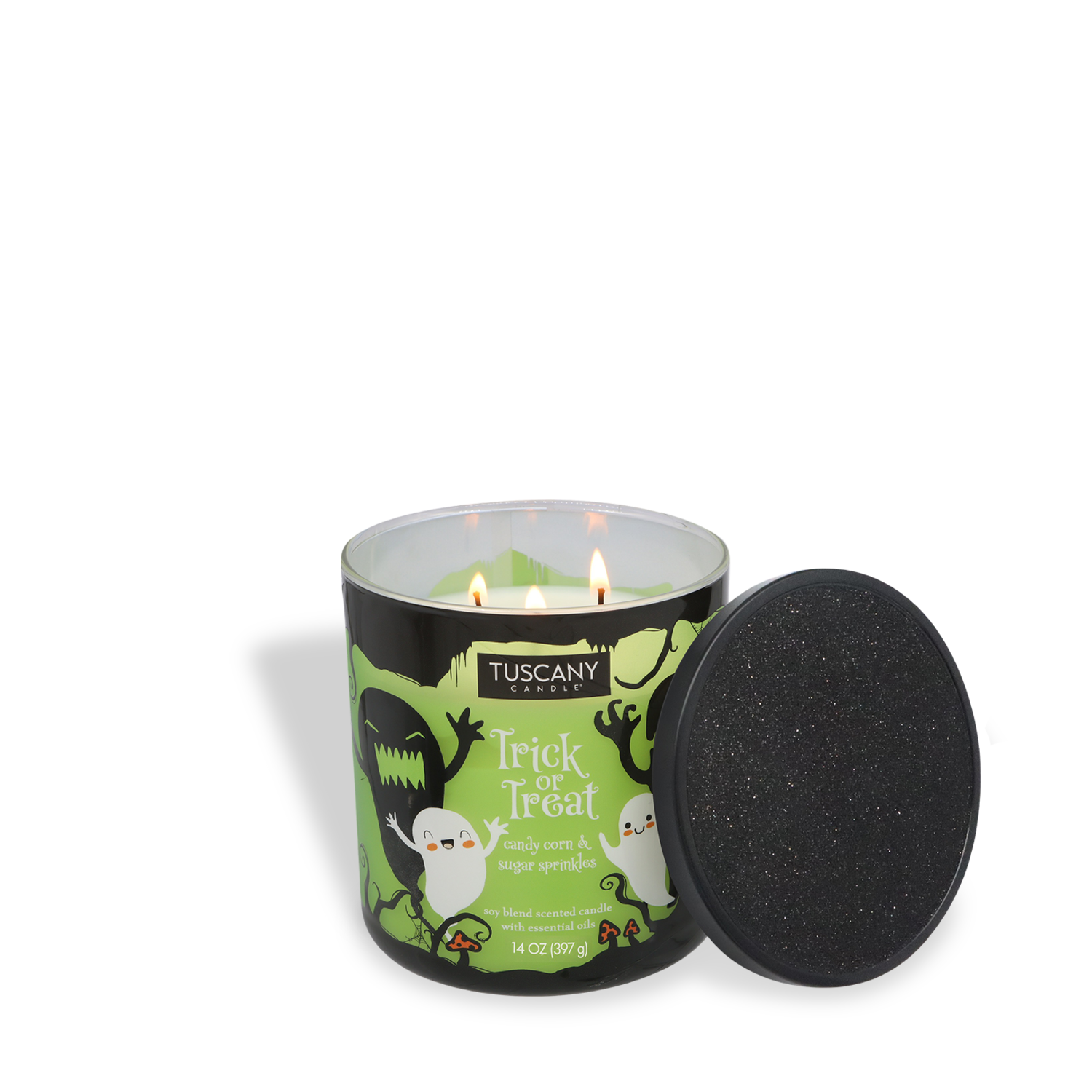 The Tuscany Candle® SEASONAL Trick or Treat: Sugared Candy Corn Scented Halloween Candle (14 oz) from the Mysteriously Spooky Collection features festive graphics and a black lid beside it.