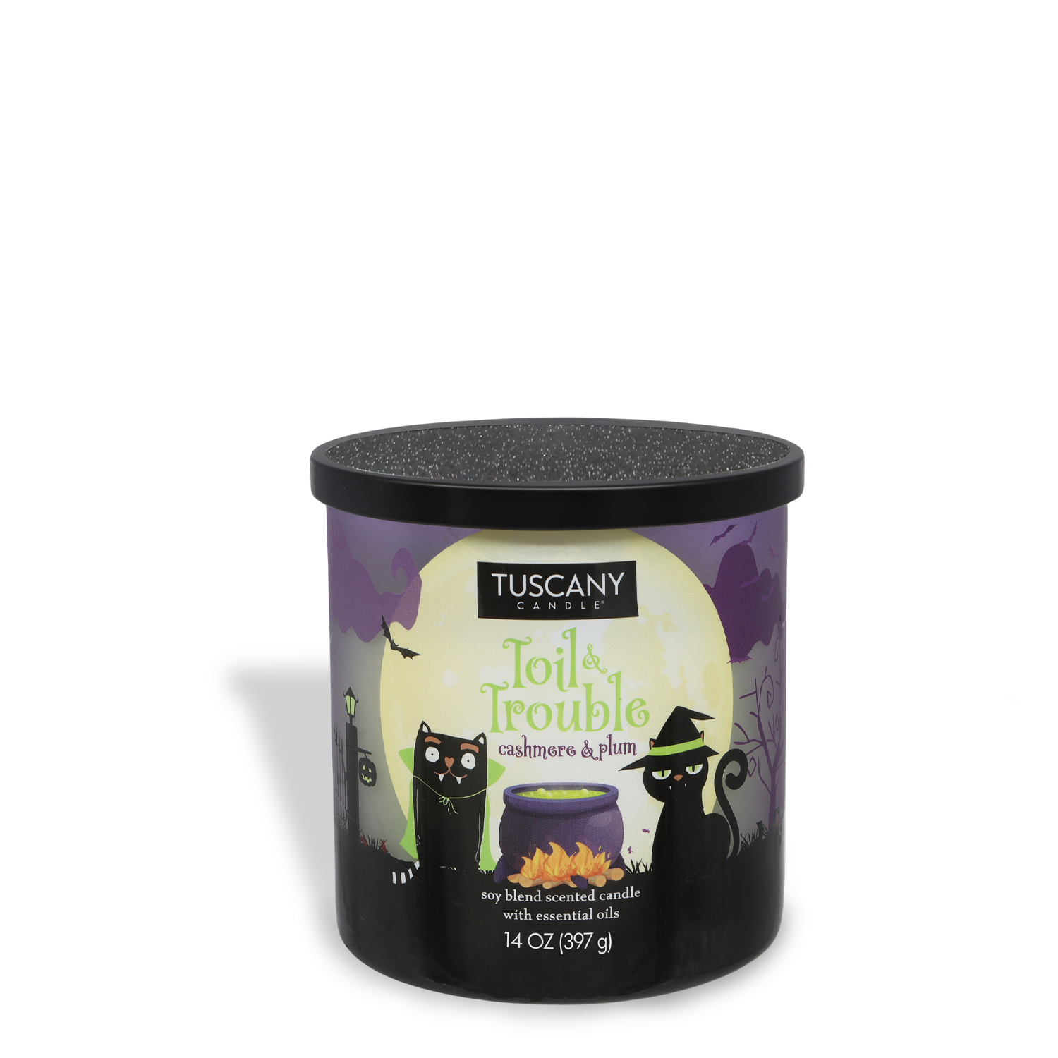 A 14 oz Tuscany Candle® SEASONAL from the Mysteriously Spooky Collection, "Toil & Trouble: Sandalwood & Candied Plum," features Halloween graphics of a witch, black cats, and a cauldron on the container.