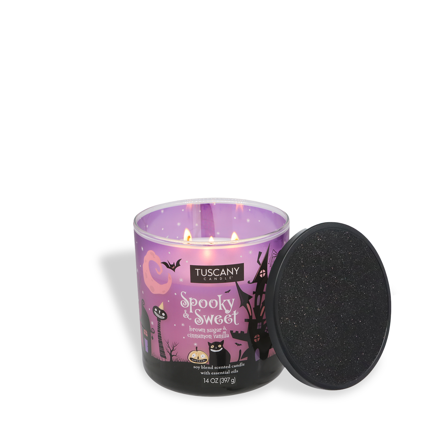 A Tuscany Candle® SEASONAL Spooky & Sweet: Baked Vanilla & Oatmeal Scented Halloween Candle (14 oz) from the Mysteriously Spooky Collection, purple with Halloween graphics, burns with three wicks and has a black glittery lid beside it.
