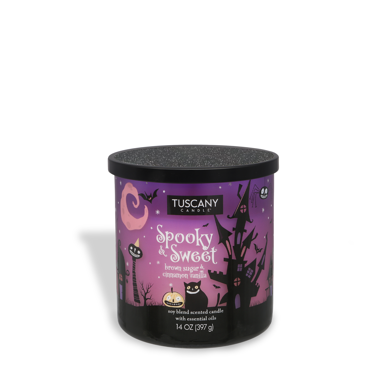 The Tuscany Candle® SEASONAL Spooky & Sweet: Baked Vanilla & Oatmeal Scented Halloween Candle (14 oz) features a purple label with black cats, haunted trees, and bats from the Mysteriously Spooky Collection.