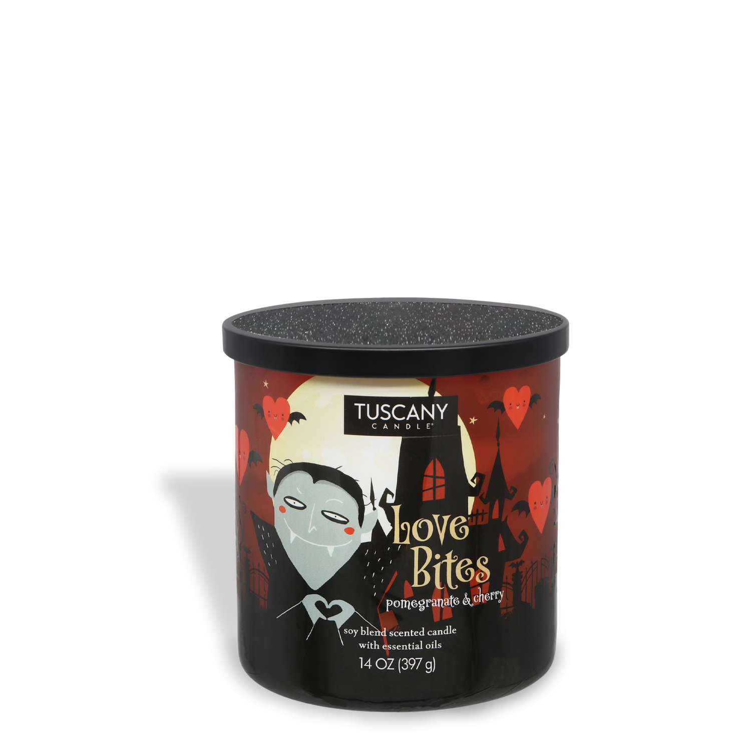 The Tuscany Candle® SEASONAL Love Bites 14 oz Halloween candle features tart cherry & crushed pomegranate scents, and comes in vampire-themed packaging from the Mysteriously Spooky Collection.