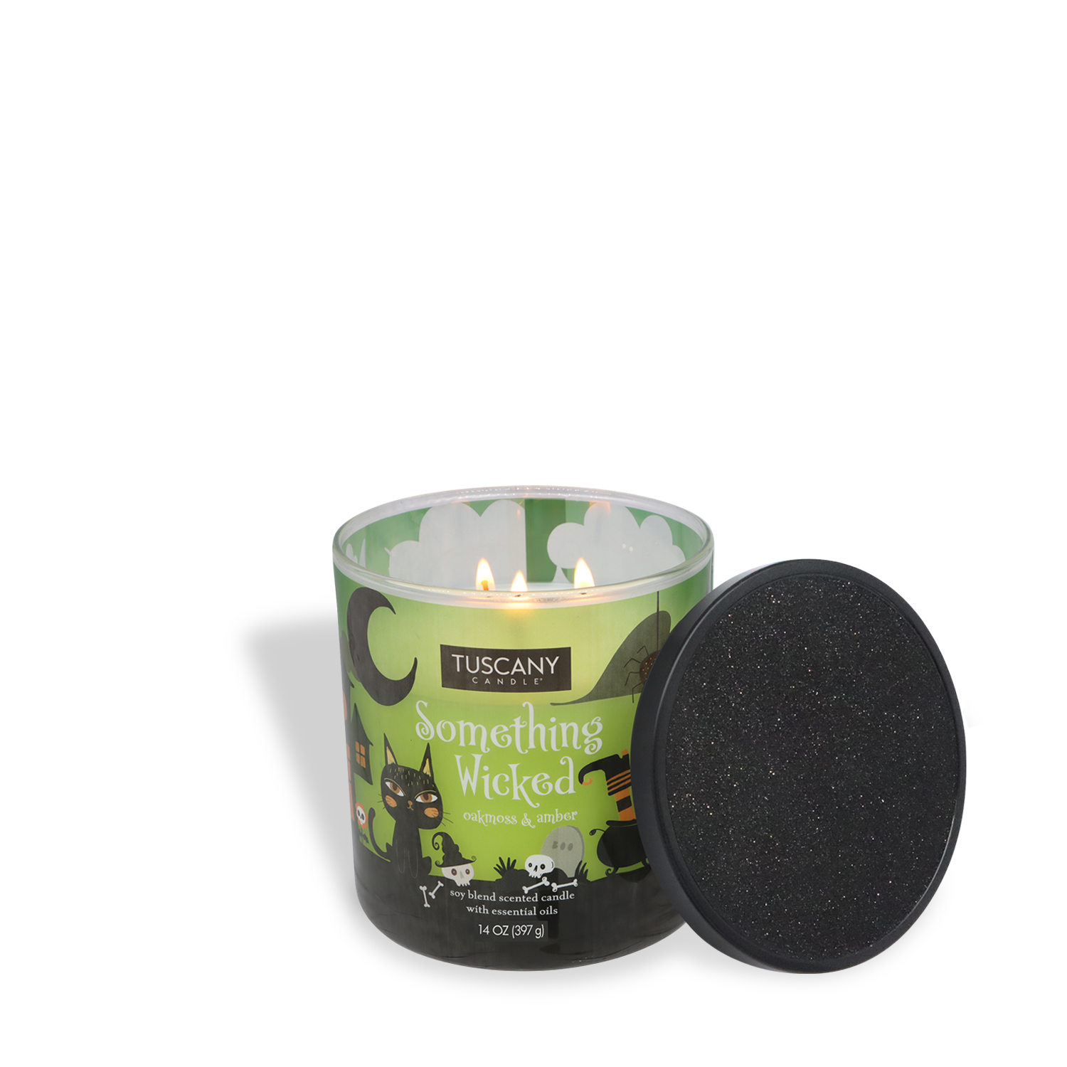 A green Tuscany Candle® SEASONAL "Something Wicked: Fireside Vanilla & Aged Oakmoss" Halloween candle (14 oz) from the Mysteriously Spooky Collection, with two wicks, black glitter lid, and festive graphics.