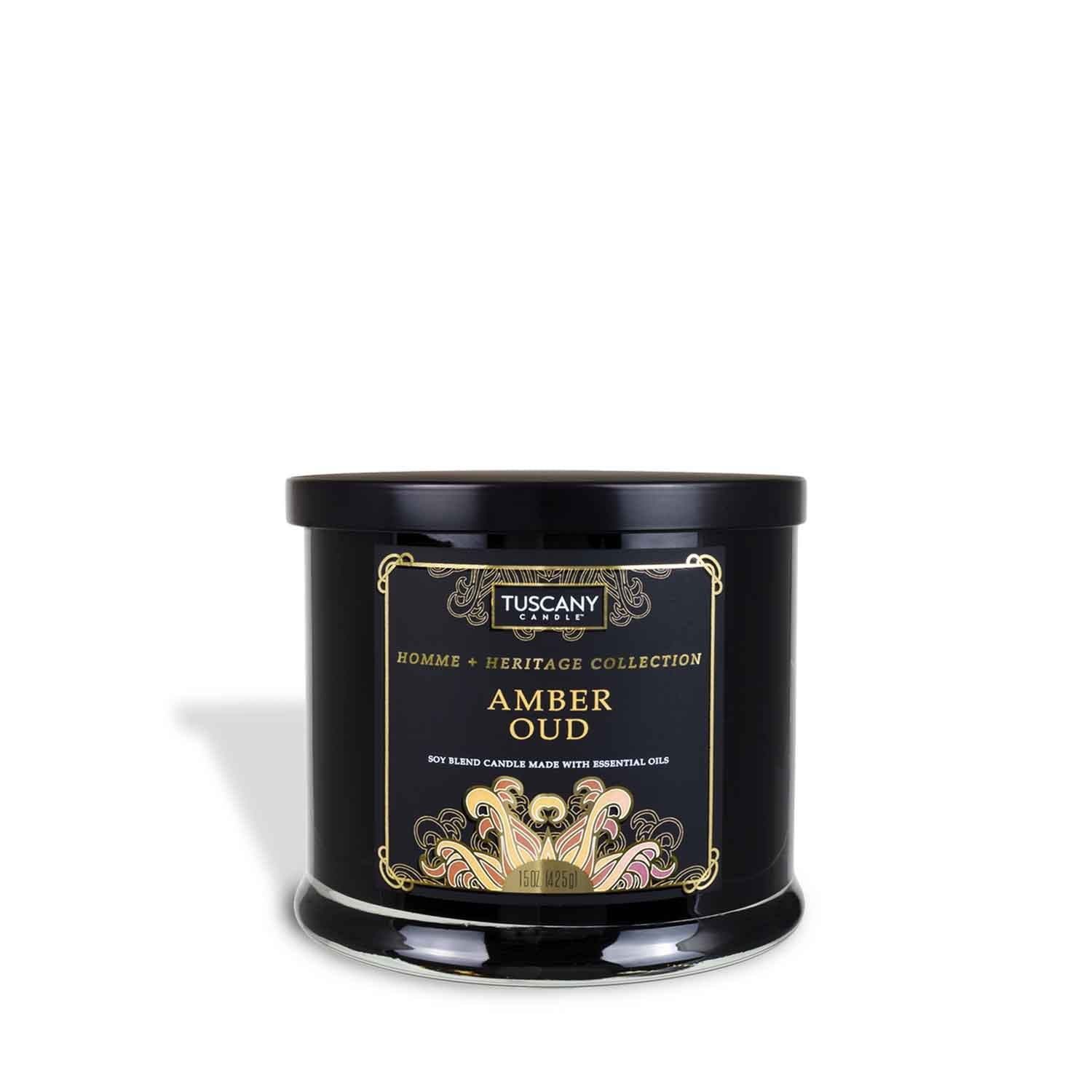 A tin of Amber Oud Scented Jar Candle (15 oz) from Tuscany Candle, infused with patchouli on a white background.