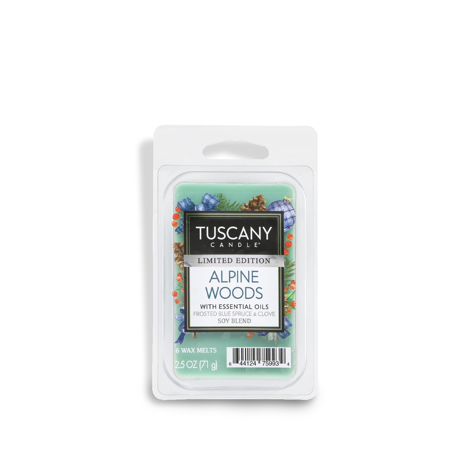 A 2.5 oz package of Tuscany Candle® SEASONAL Alpine Woods: Frosted Blue Spruce Scented Holiday Wax Melt features a seasonal nature-inspired design and is labeled as a limited edition.