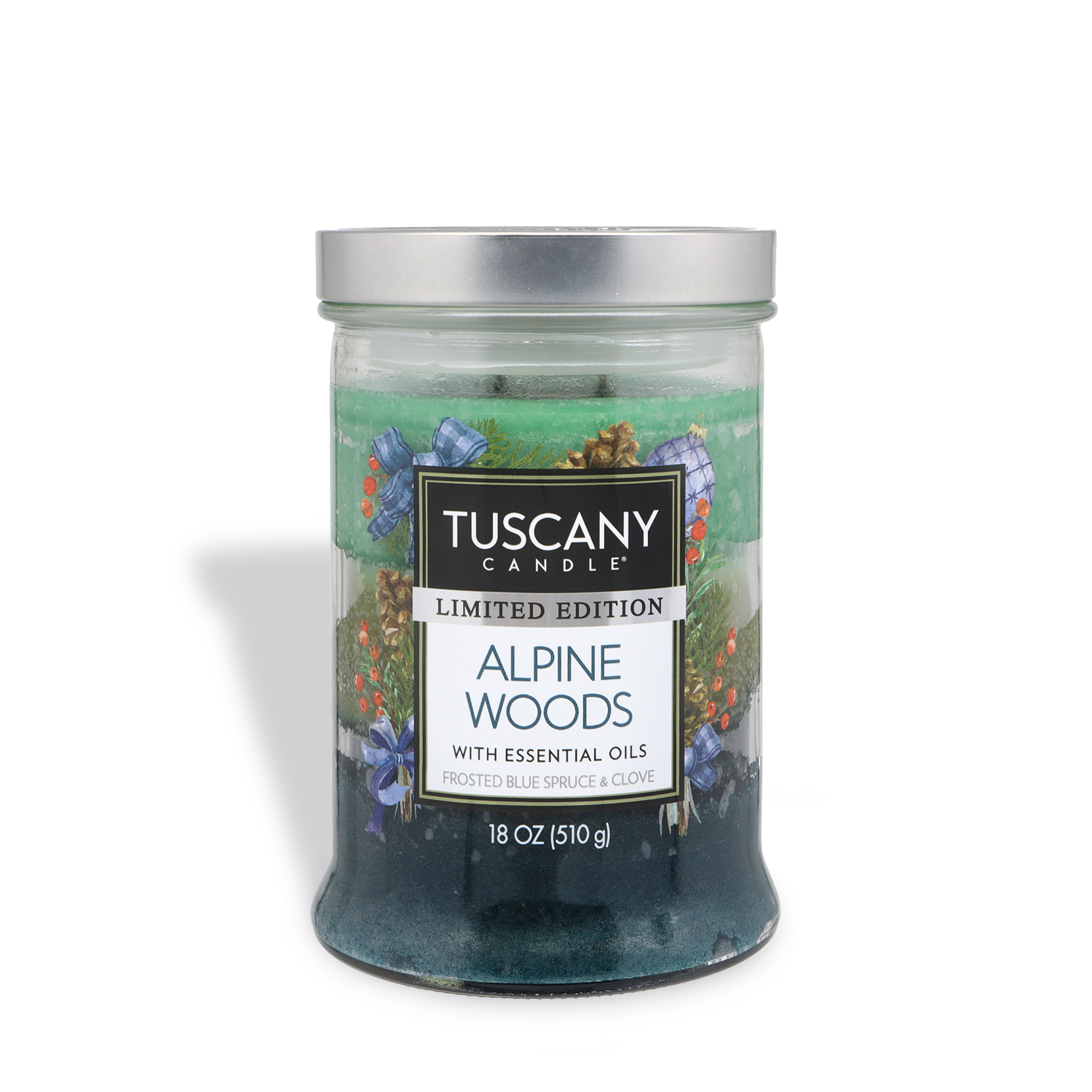 The Tuscany Candle® SEASONAL Alpine Woods: Frosted Blue Spruce Scented Holiday Candle (18 oz) features essential oils and a frosted blue spruce and clove aroma, packaged in a glass jar.