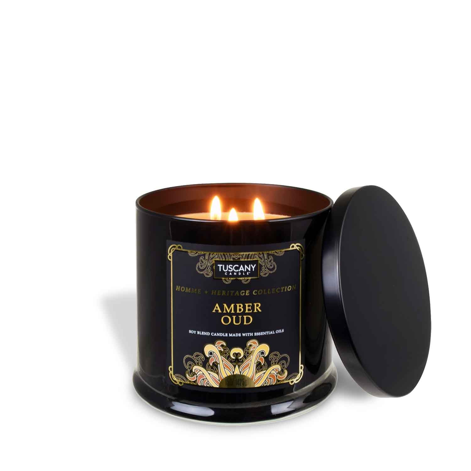 A luxurious Tuscany Candle's Amber Oud Scented Jar Candle (15 oz), with a gold lid, infused with captivating Amber Oud fragrance.
