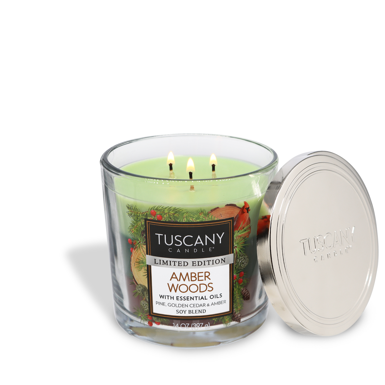 14oz Amber Woods scented candle in a short clear glass jar with a silver lid, showcasing three layers of colored wax and three lead-free wicks, emanating scents of cool pine, golden cedar, and dark amber, perfect for winter and holiday ambiance