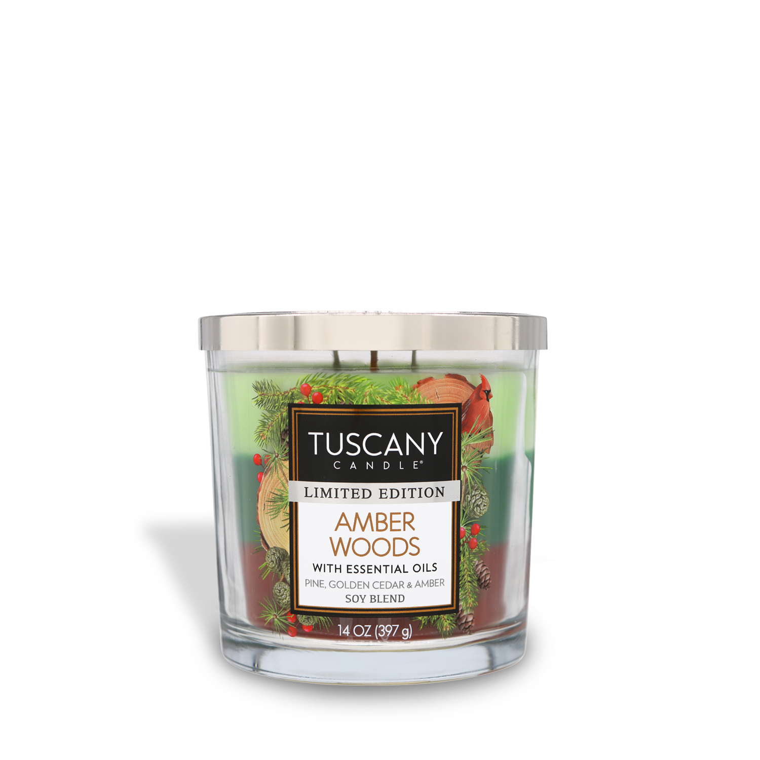 14oz Amber Woods scented candle in a short clear glass jar with a silver lid, showcasing three layers of colored wax and three lead-free wicks, emanating scents of cool pine, golden cedar, and dark amber, perfect for winter and holiday ambiance