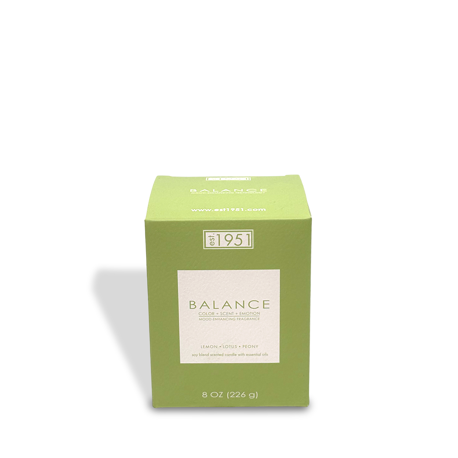 A green rectangular box labeled "Balance (8oz)" by est.1951 features a lemon, lotus, and peony scent. This 8 oz (226 g) floral citrus candle offers a calming fragrance and is set against a white background.