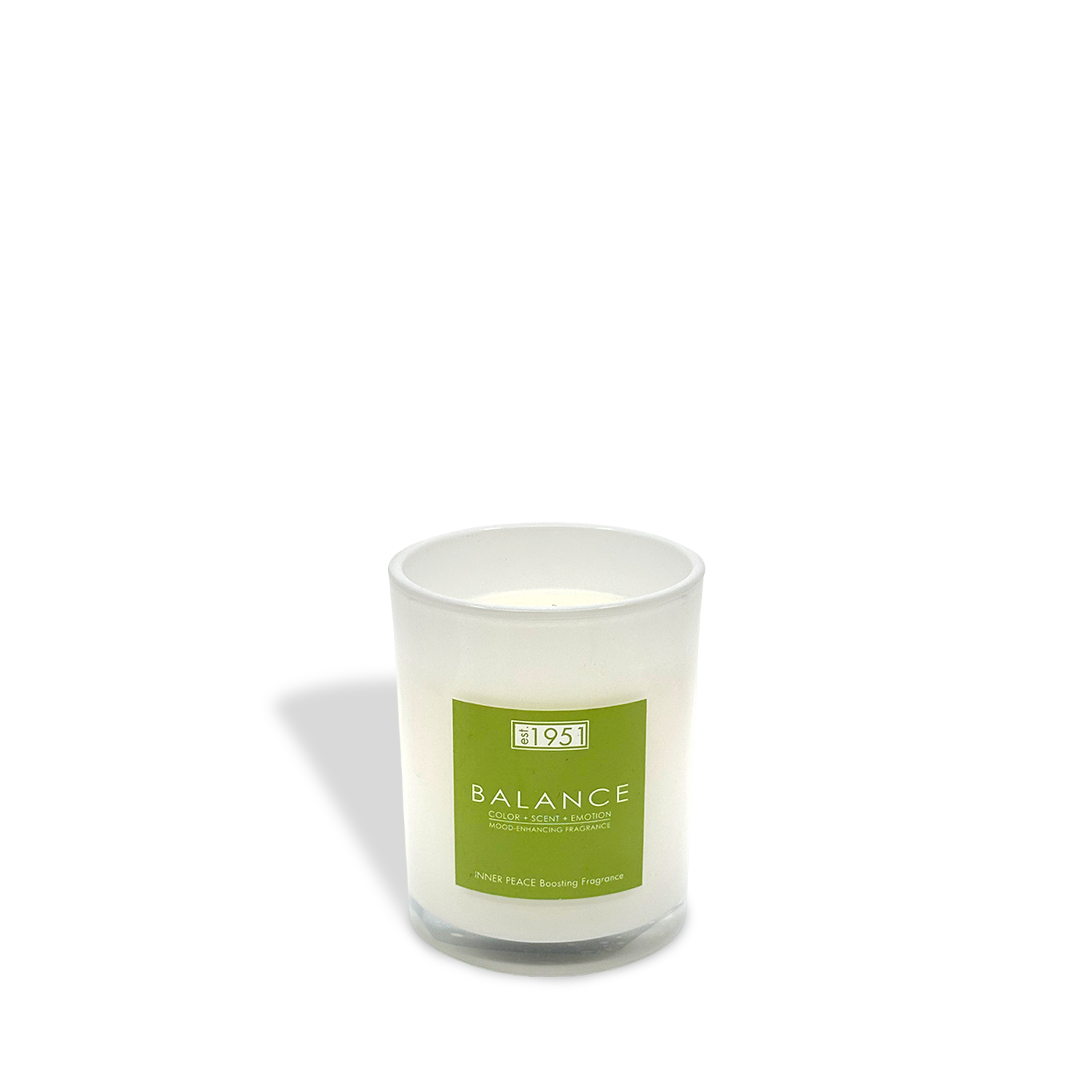 The est.1951 Balance (8oz) meditation candle features a calming fragrance in a frosted glass holder with a green label, perfect for enhancing relaxation in any space.