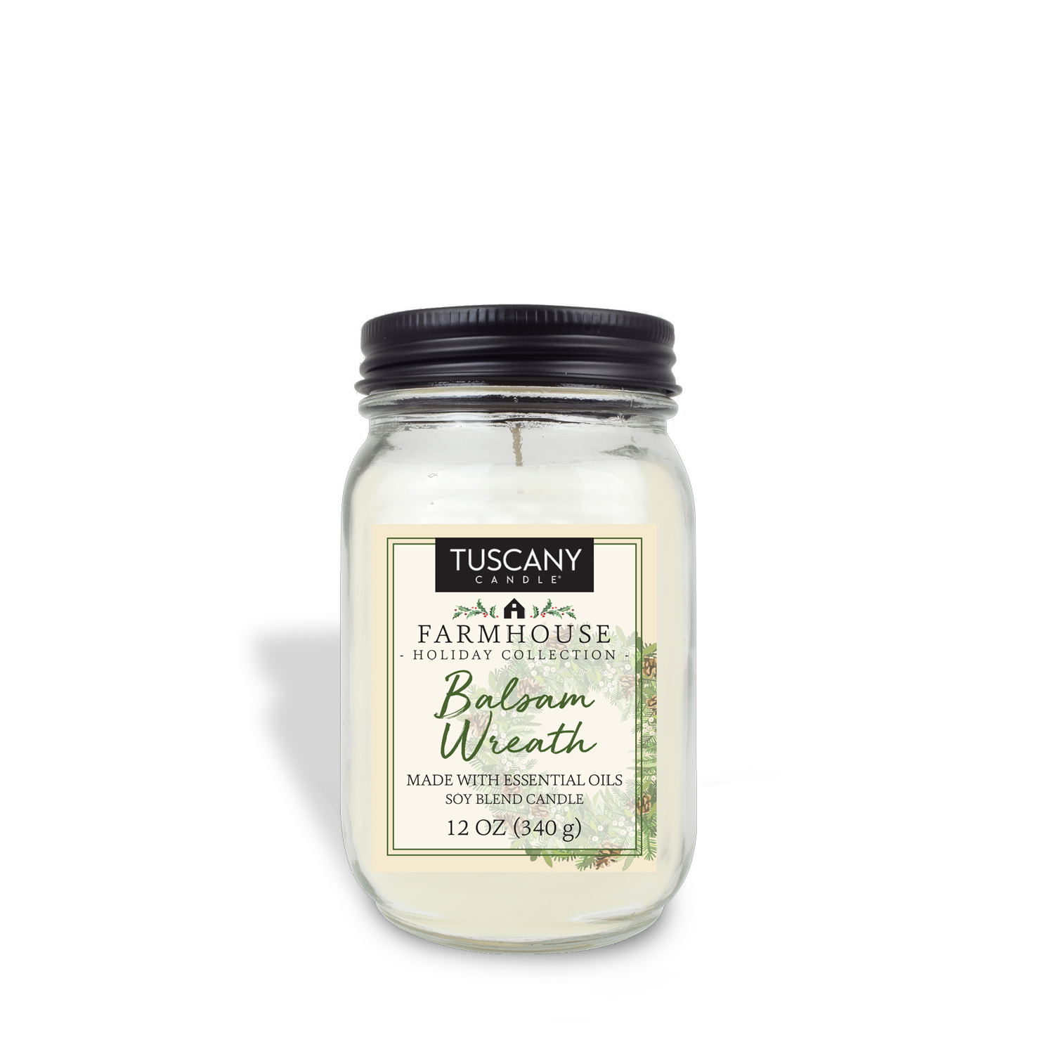 Balsam Wreath scented candle from the Farmhouse Christmas collection, poured in a mason jar with a matte black lid against a white background.