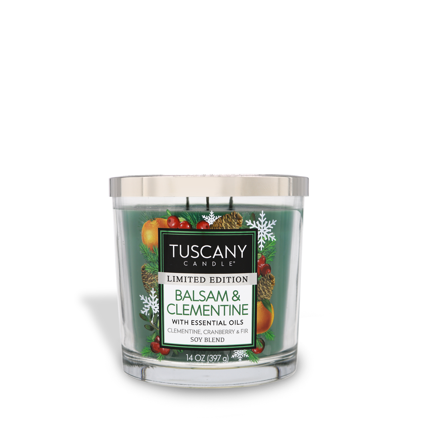 14oz Balsam & Clementine scented candle in a short clear glass jar with a silver lid, filled with pine green wax and three lead-free wicks, radiating fragrances of citrus, sweetened cranberry, and winter fir, ideal for festive winter moments.