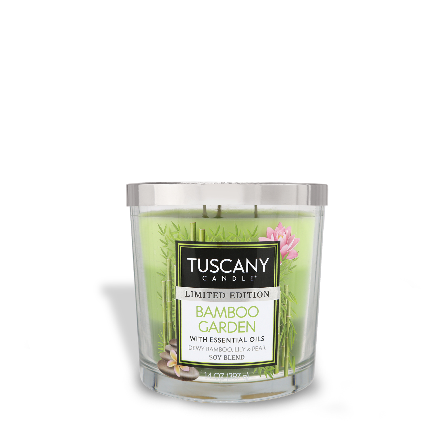 A Tuscany Candle® SEASONAL Bamboo Garden Long-Lasting Scented Jar Candle (14 oz) in a glass jar with a white background.